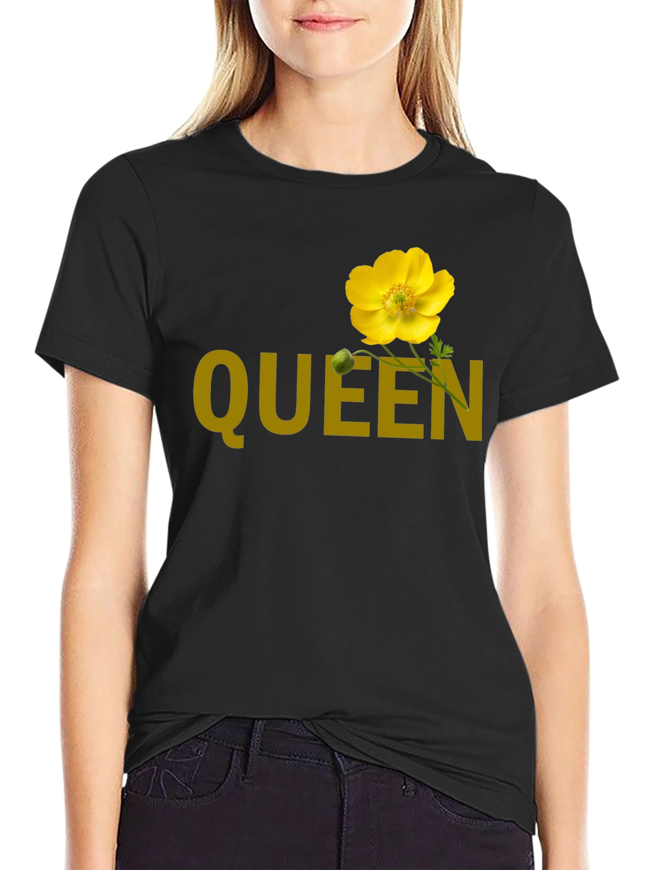 Queen Flower Graphic T-Shirt - Stylish Crew Neck Tee