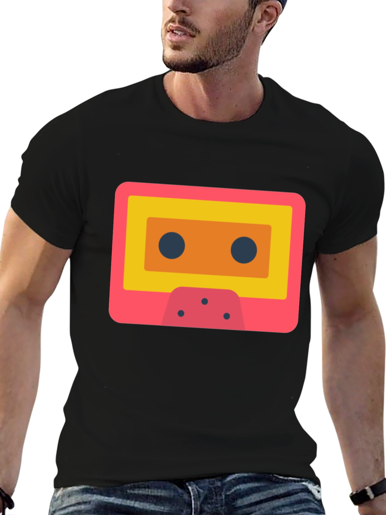 Retro Cassette Tape Graphic Tee - Black Cotton T-Shirt