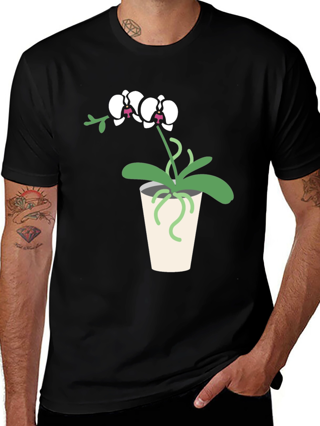 Orchid Plant Graphic Tee - Black Cotton T-Shirt