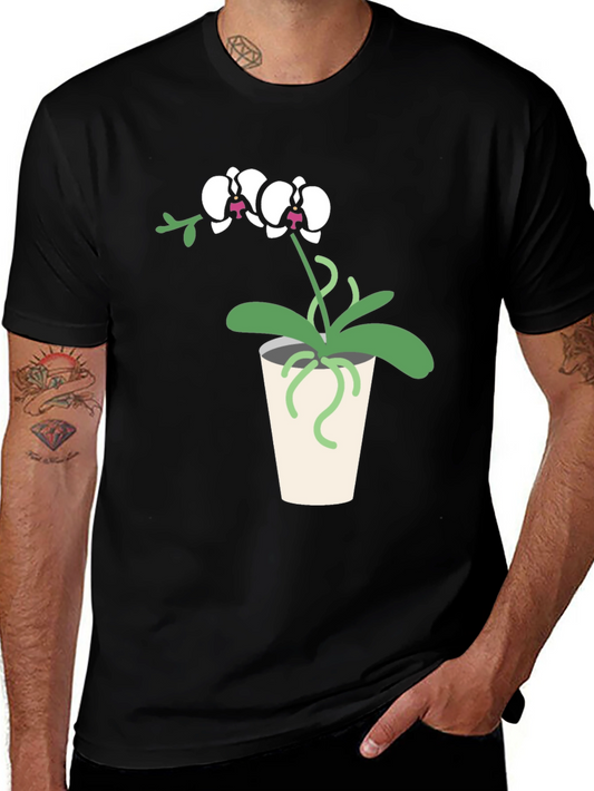 Orchid Plant Graphic Tee - Black Cotton T-Shirt