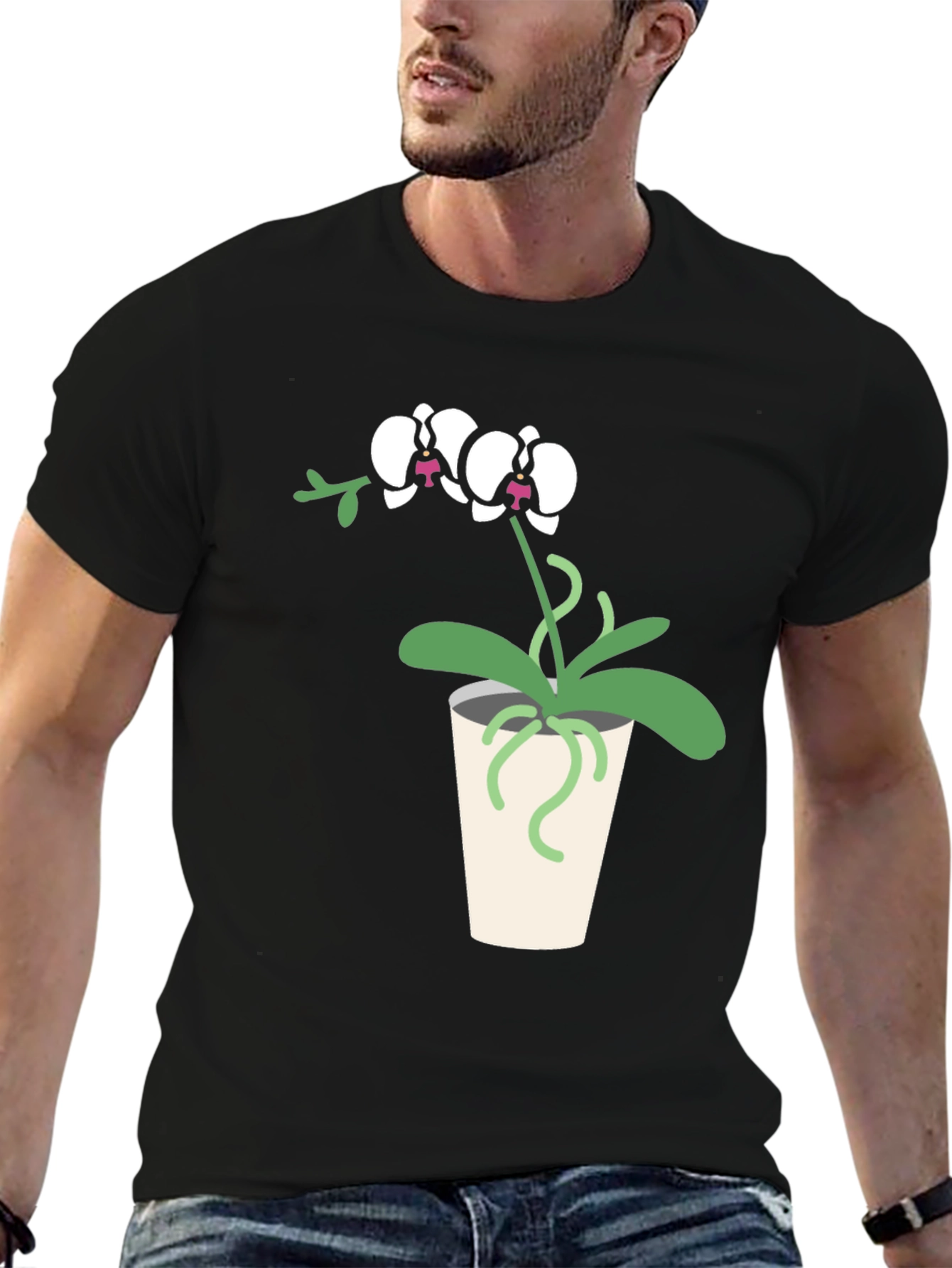 Orchid Plant Graphic Tee - Black Cotton T-Shirt