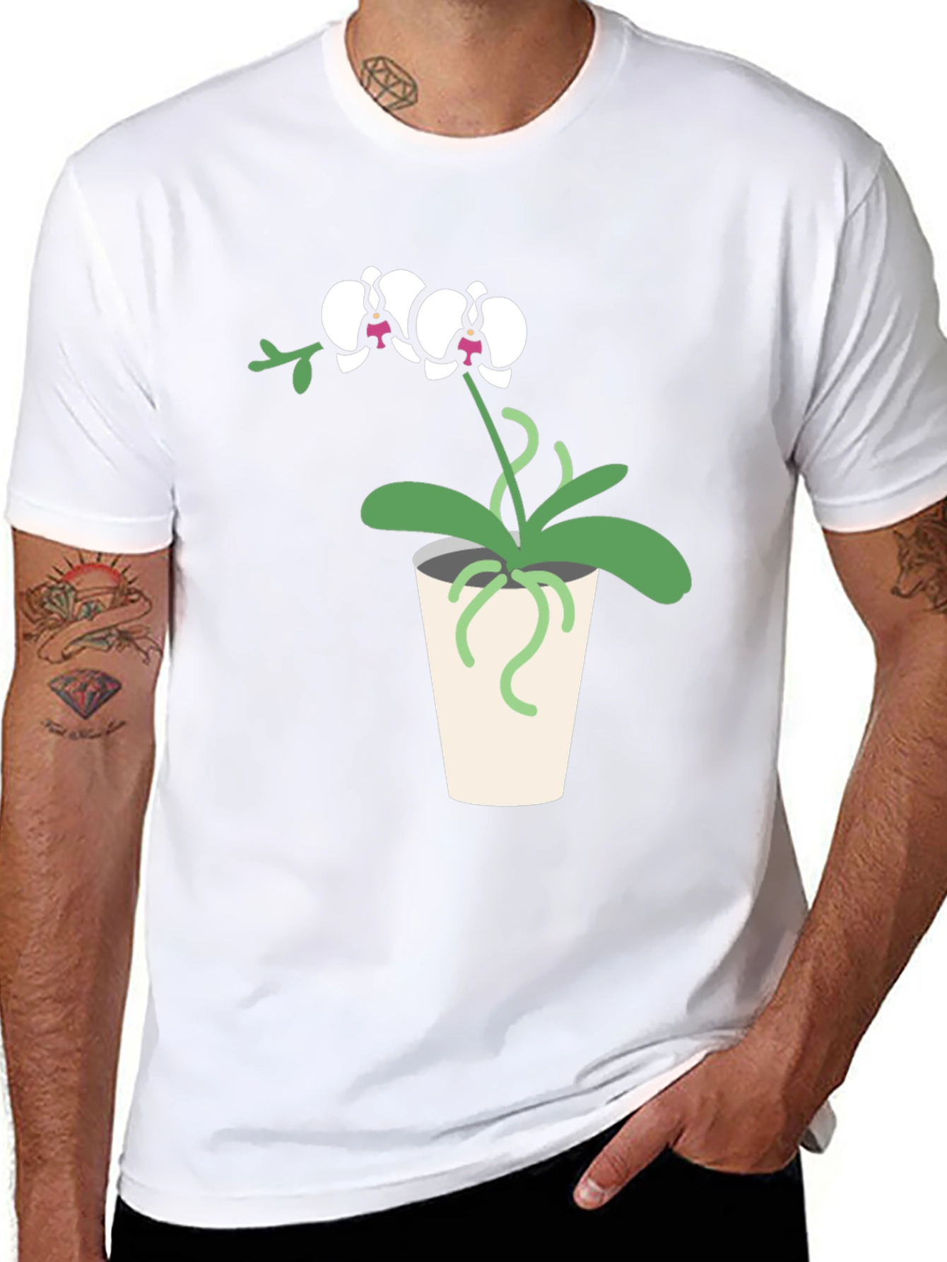 Orchid Plant Graphic Tee - Black Cotton T-Shirt