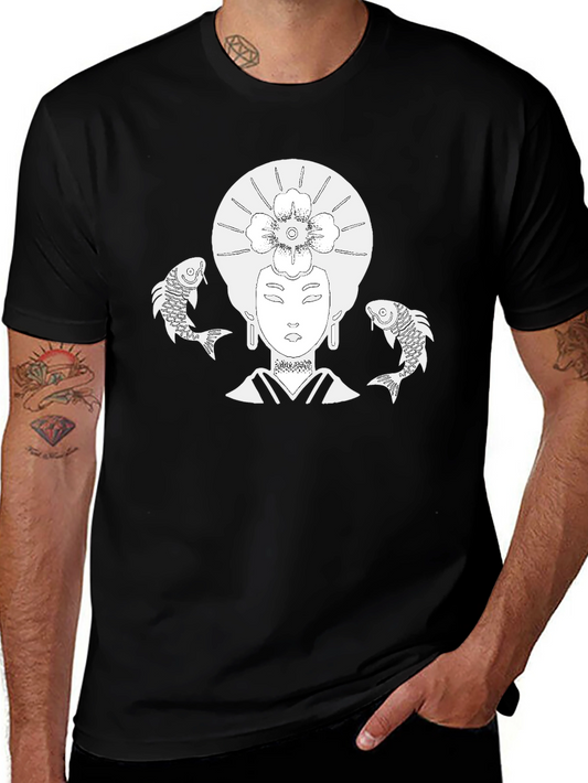 Koi Fish Geisha Graphic T-Shirt - Black