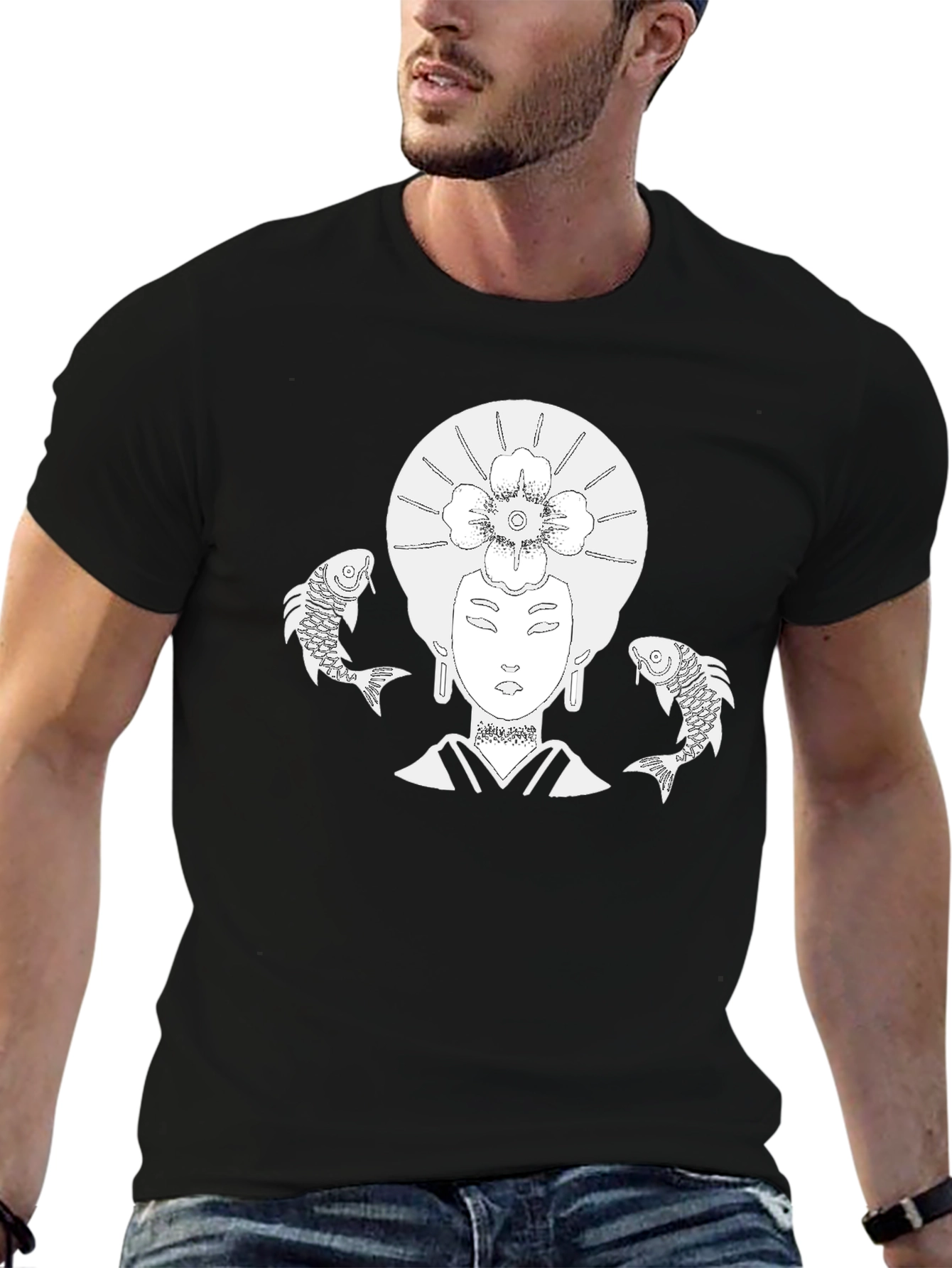 Koi Fish Geisha Graphic T-Shirt - Black