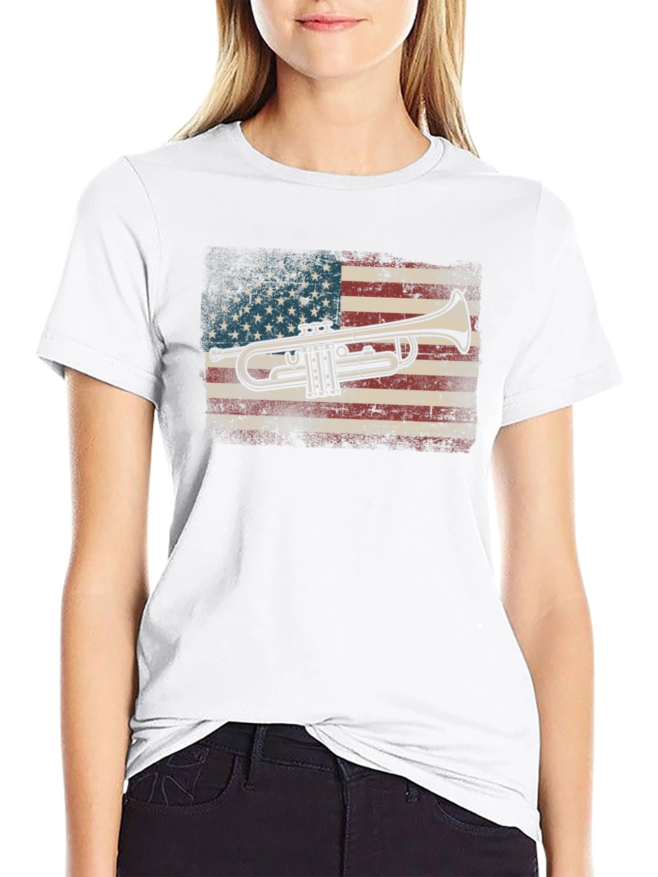 Trumpet USA Flag Graphic Tee - Black Cotton T-Shirt