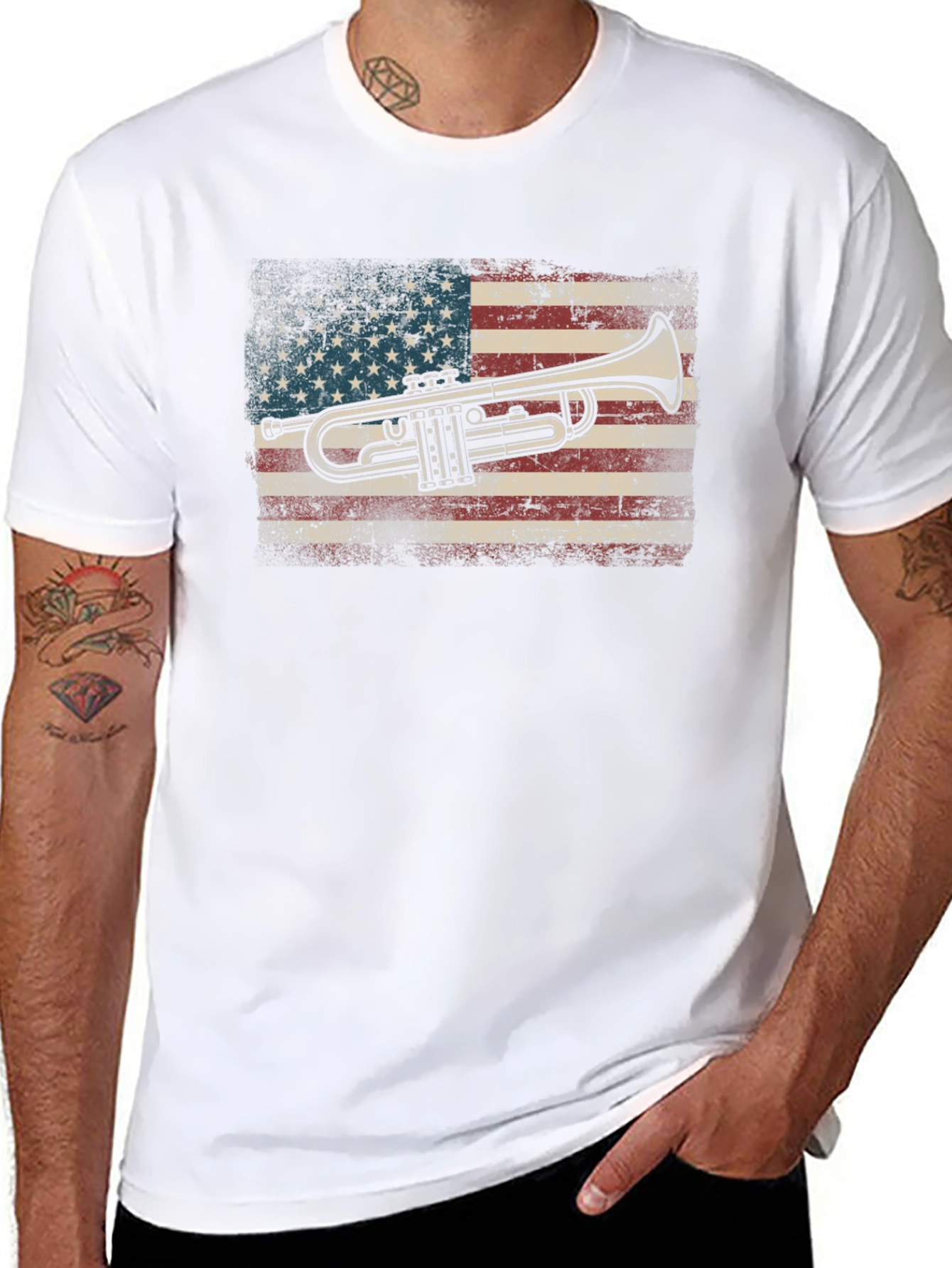 Trumpet USA Flag Graphic Tee - Black Cotton T-Shirt