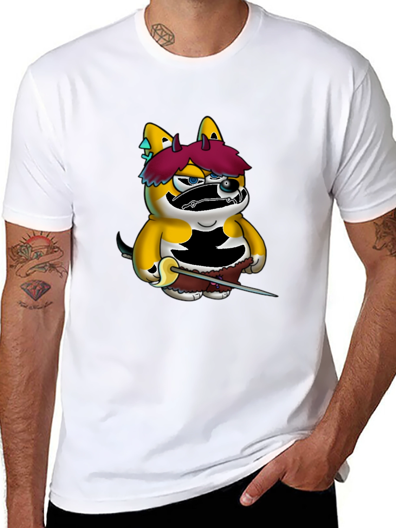 Cartoon Shiba Inu Samurai Black Tee