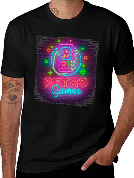 Retro Games Neon Style Graphic Tee - Black Cotton T-Shirt