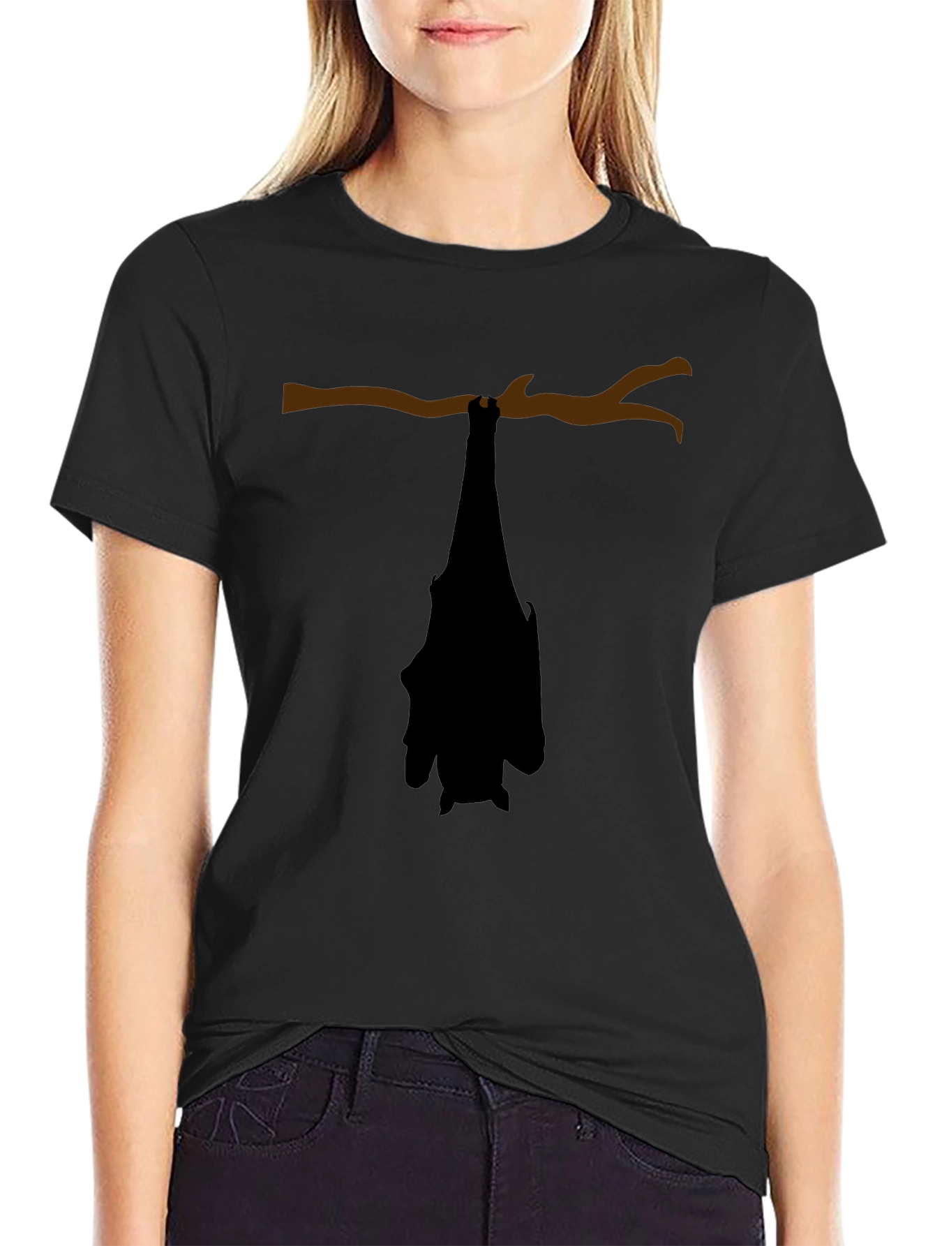 Hanging Bat Graphic Tee - Black Cotton Casual Top