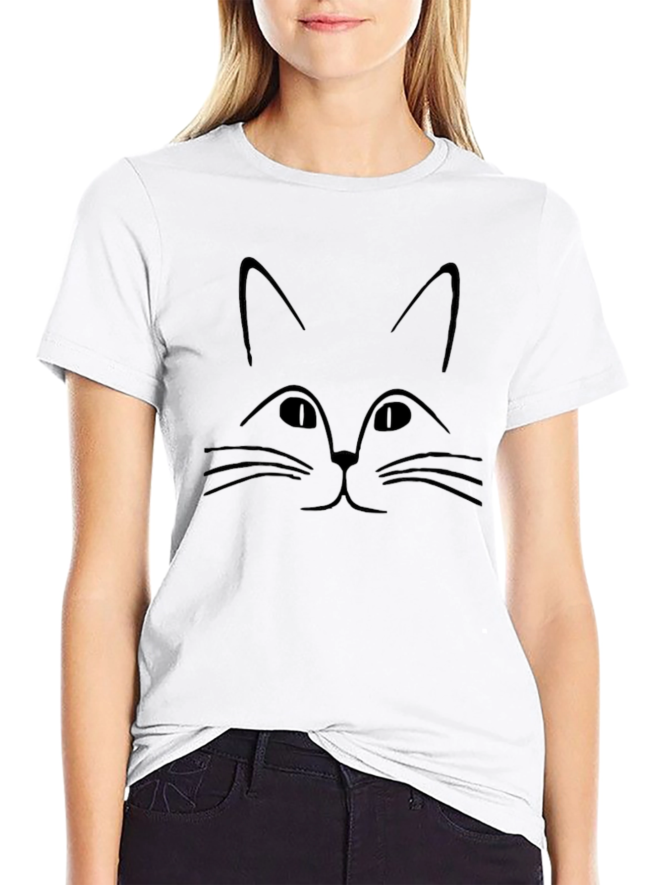 Minimalist Cat Face Graphic Black T-Shirt