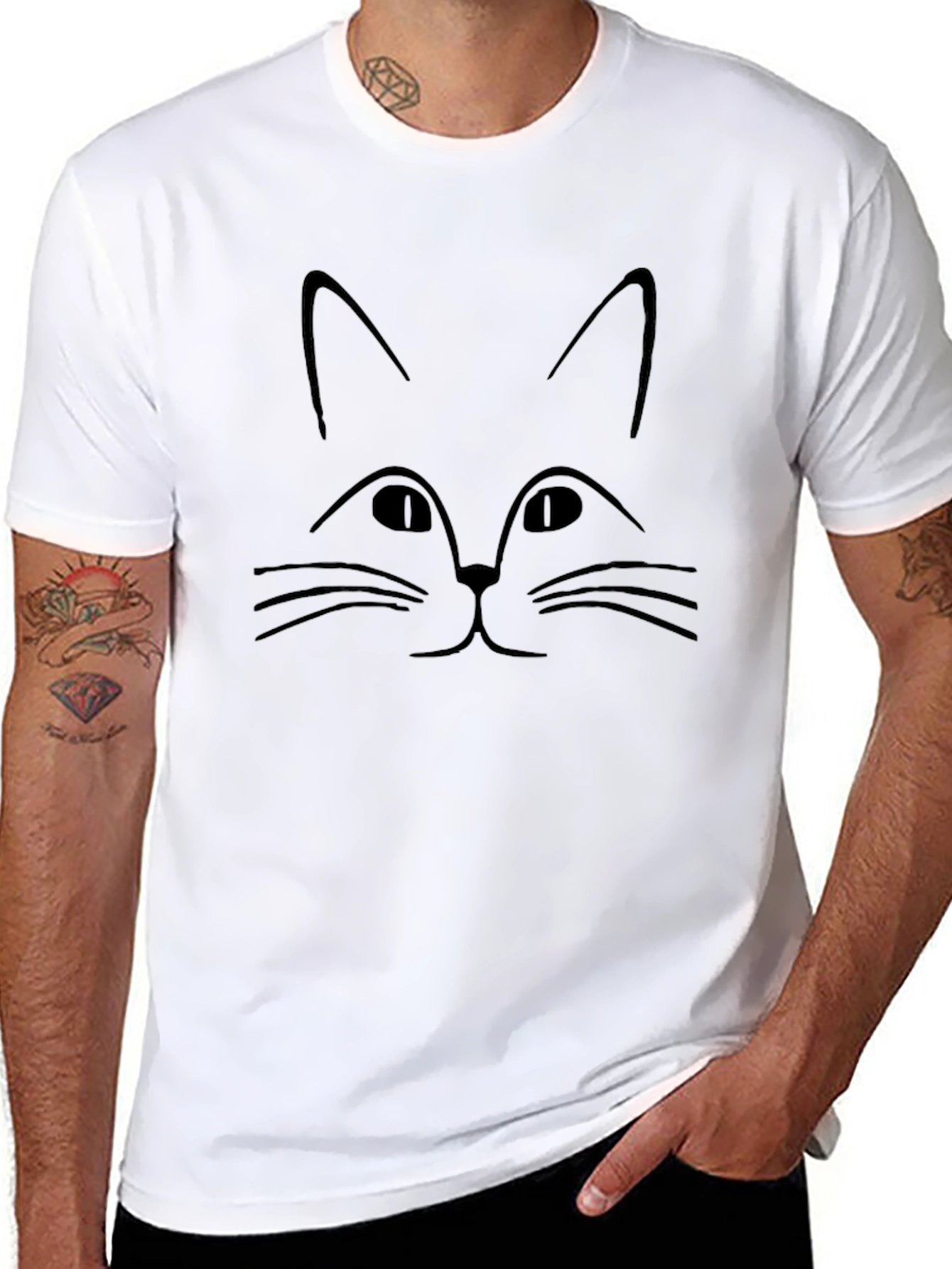 Minimalist Cat Face Graphic Black T-Shirt
