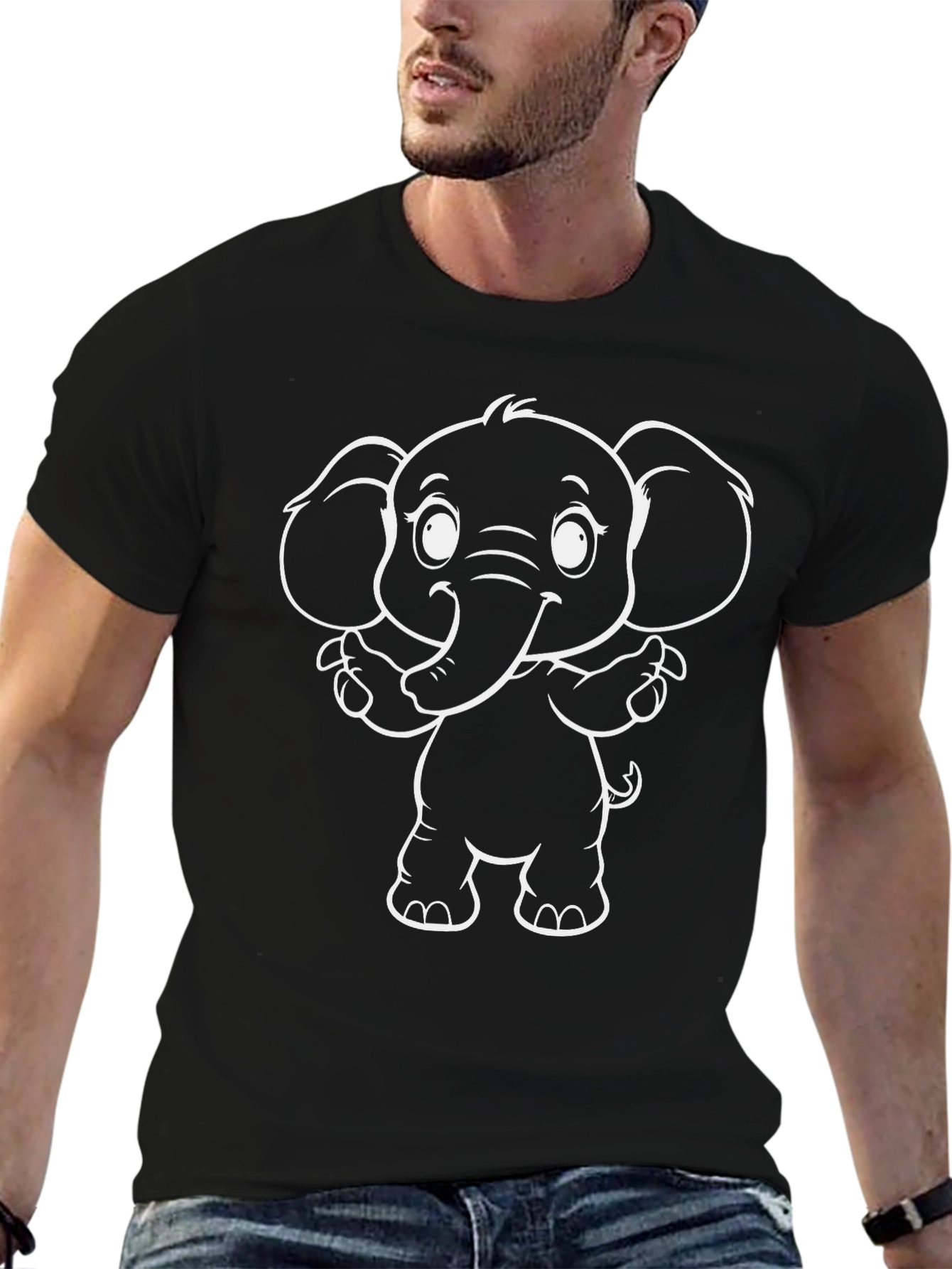 Cute Cartoon Elephant Graphic Black T-Shirt