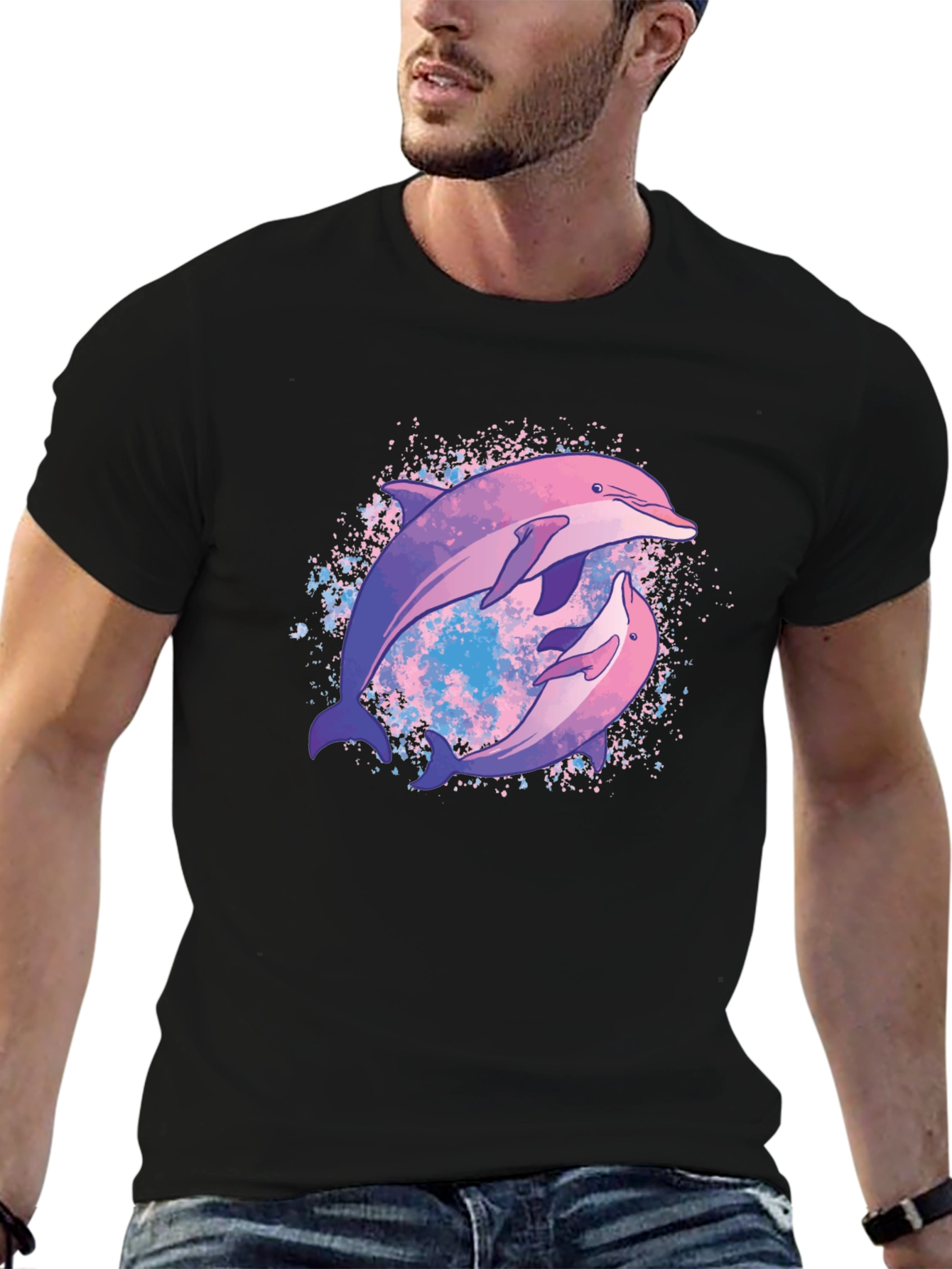 Dolphin Duo Graphic Tee - Black Cotton T-Shirt