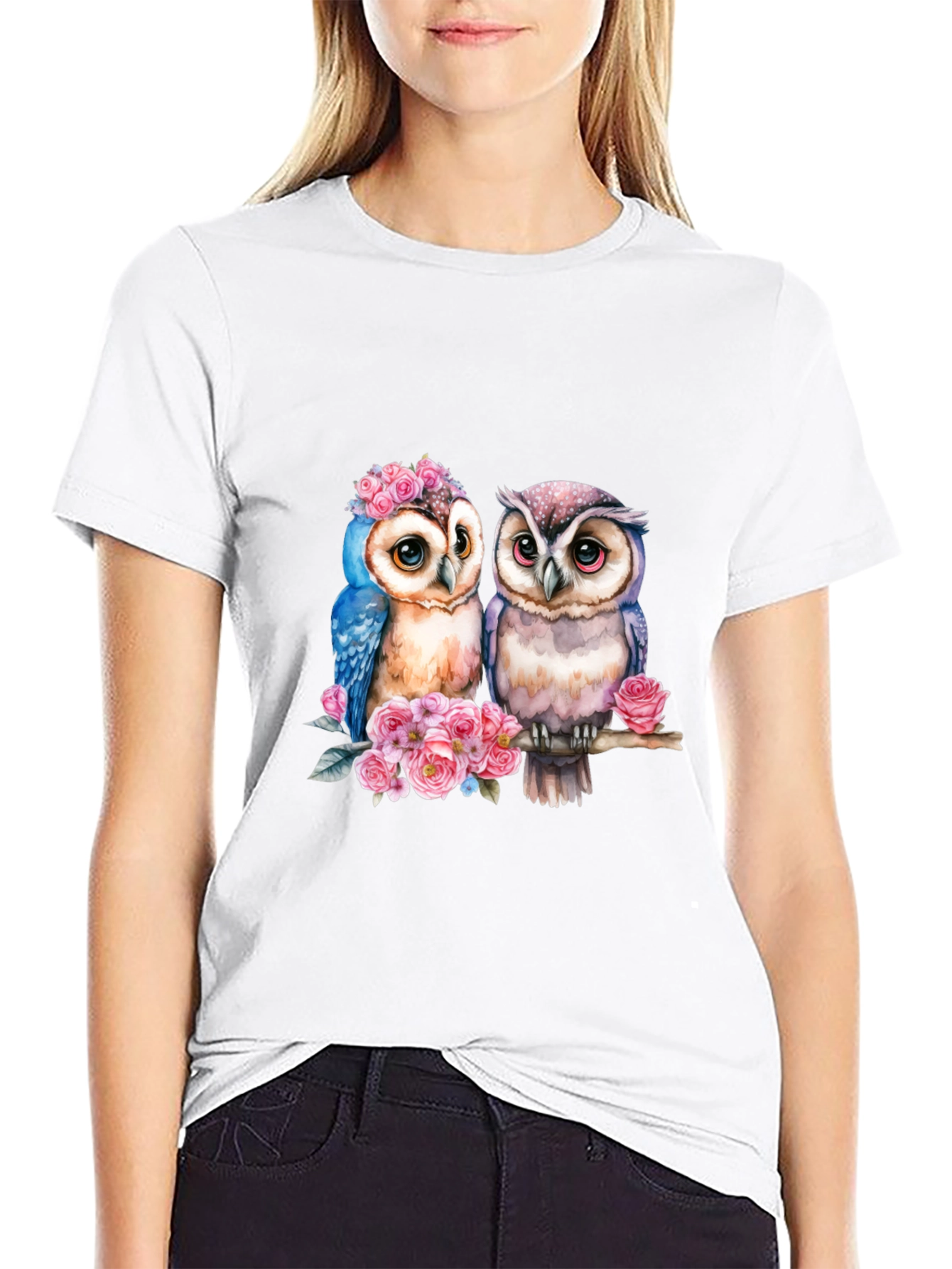 Owl Couple T-Shirt - Floral Design