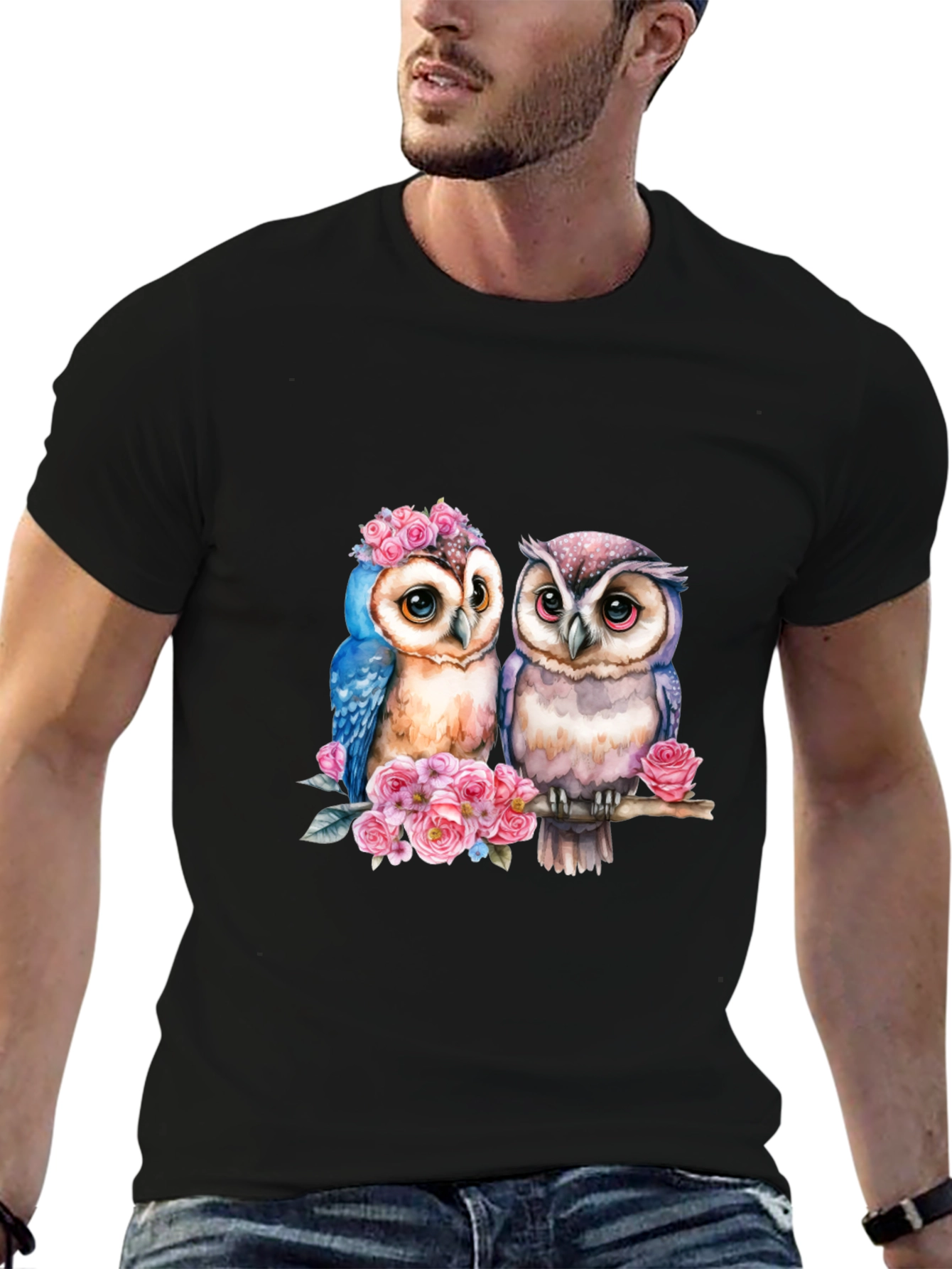 Owl Couple T-Shirt - Floral Design