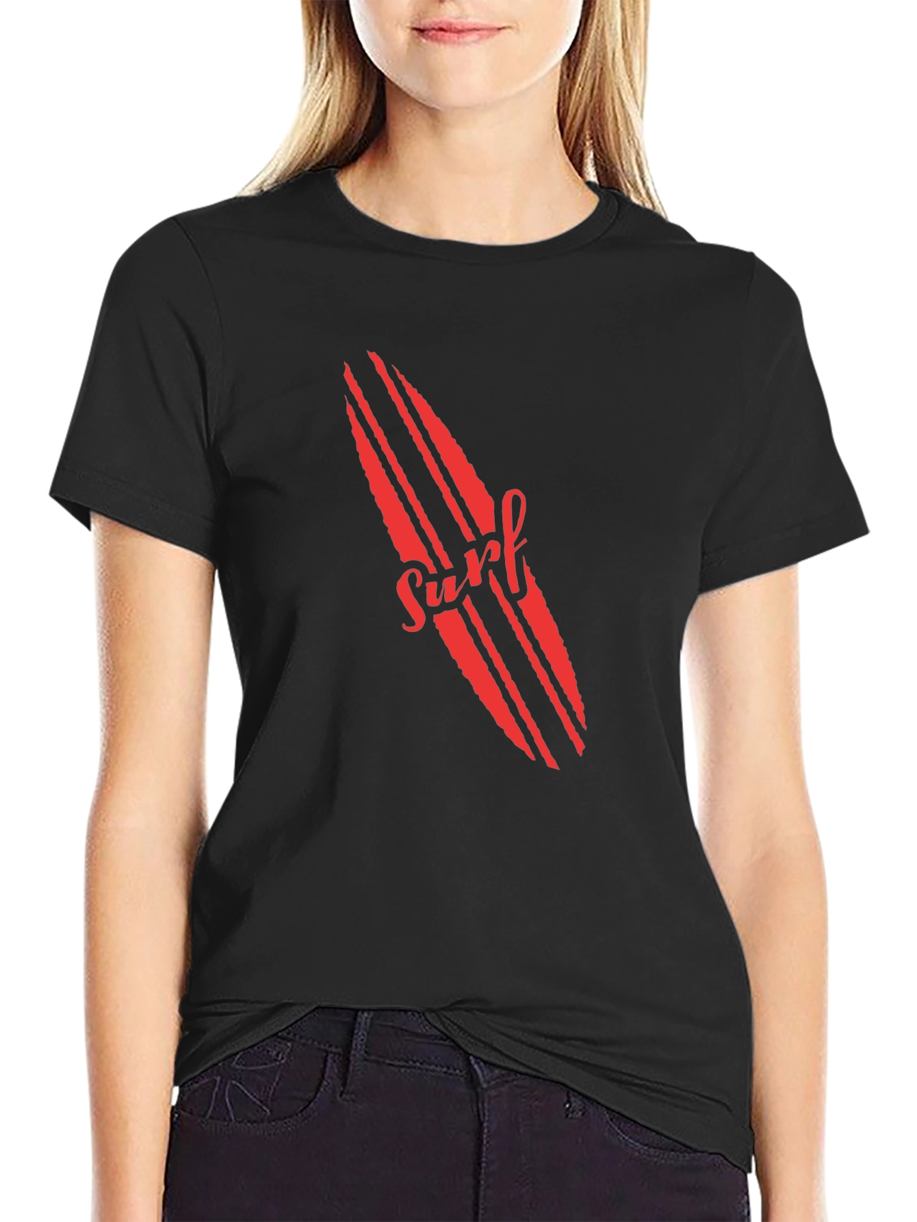 Surfboard Graphic Tee - Red Print on Black