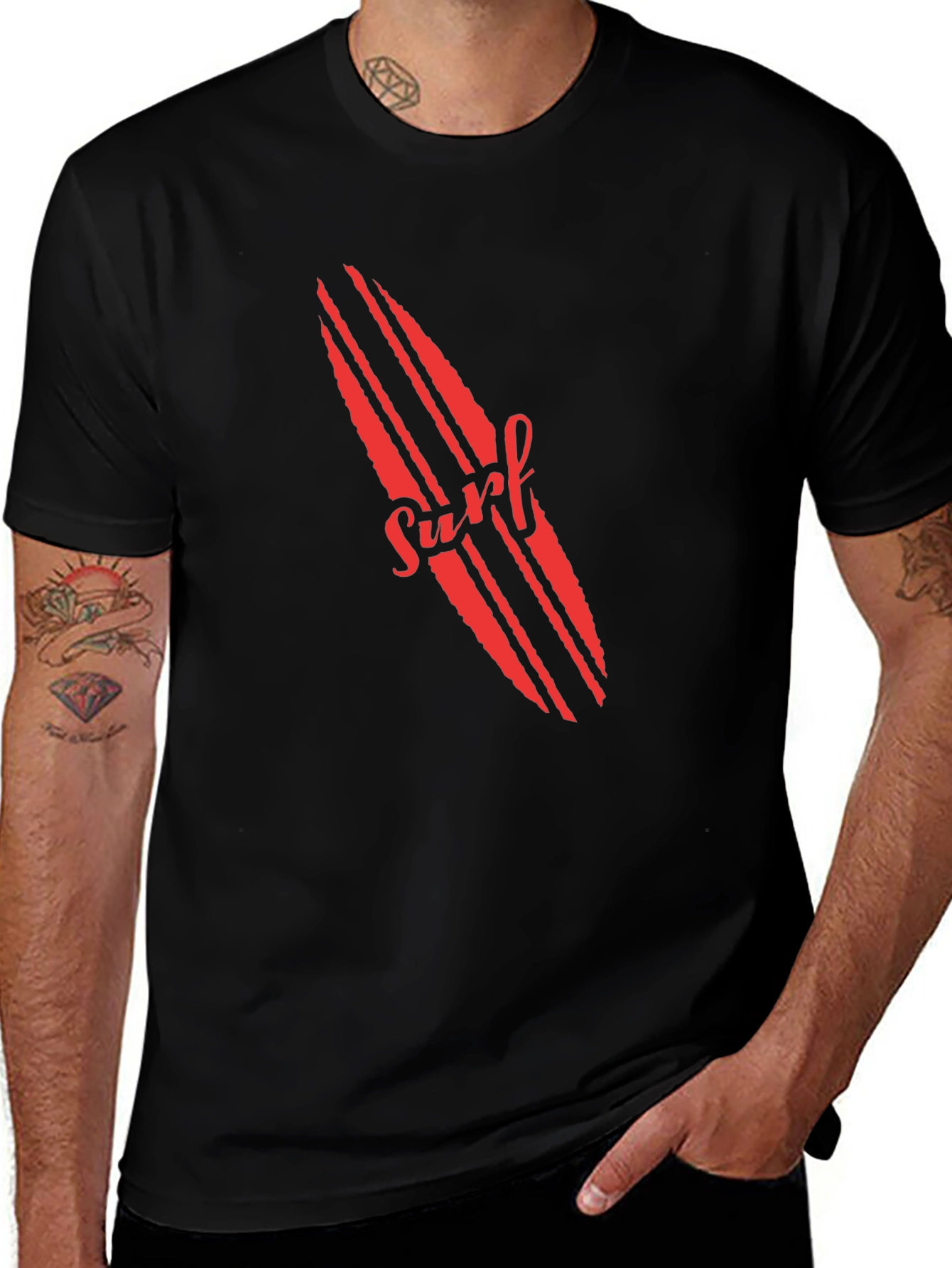 Surfboard Graphic Tee - Red Print on Black