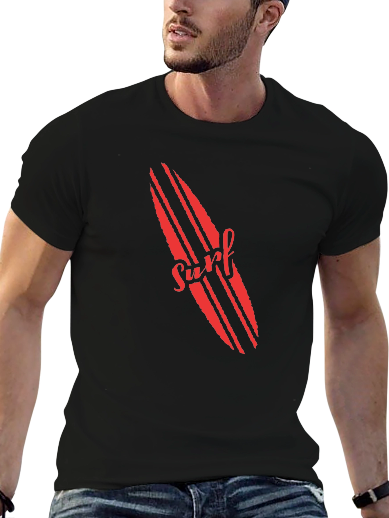 Surfboard Graphic Tee - Red Print on Black