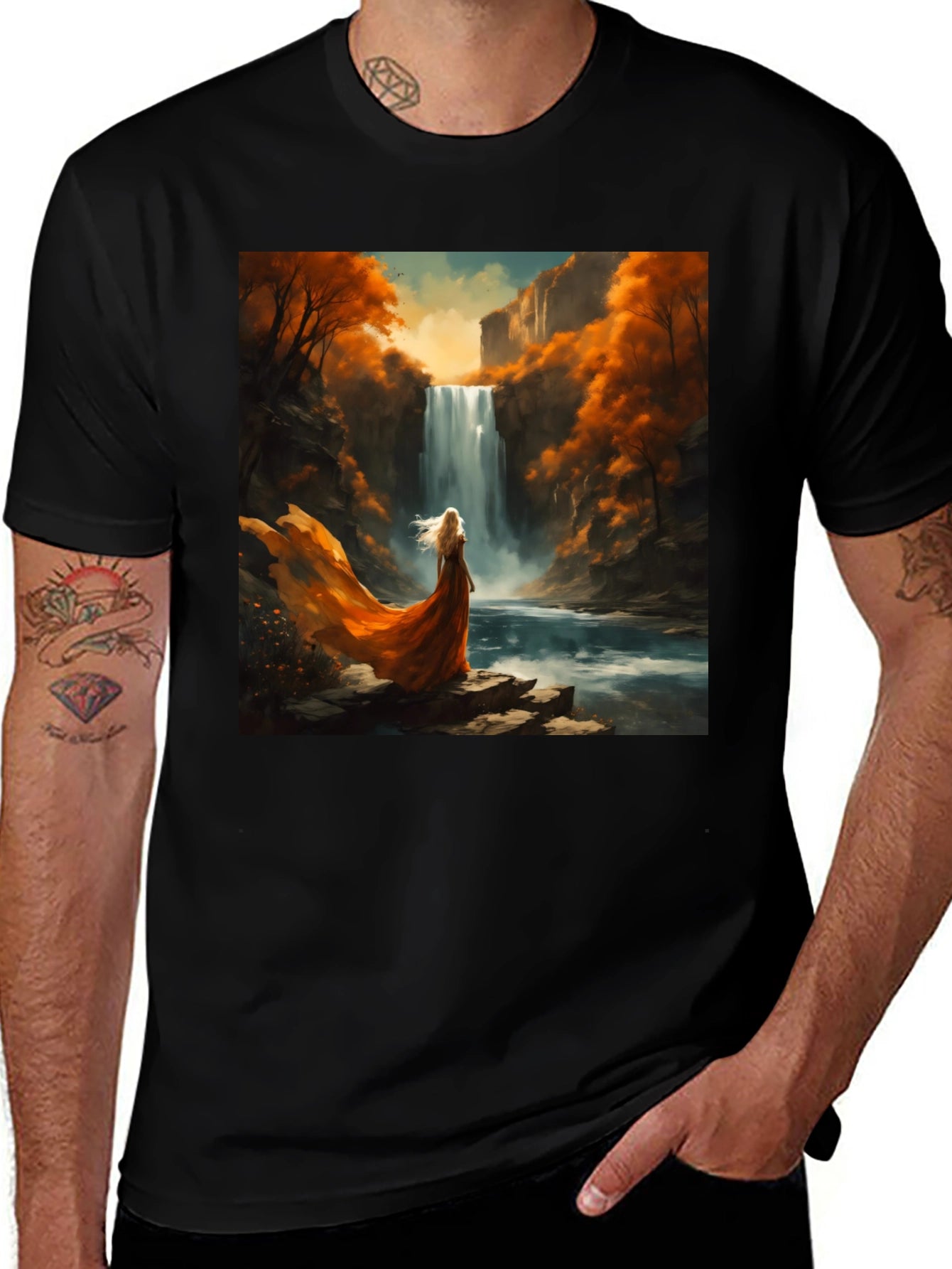 Waterfall Art Print Black T-Shirt
