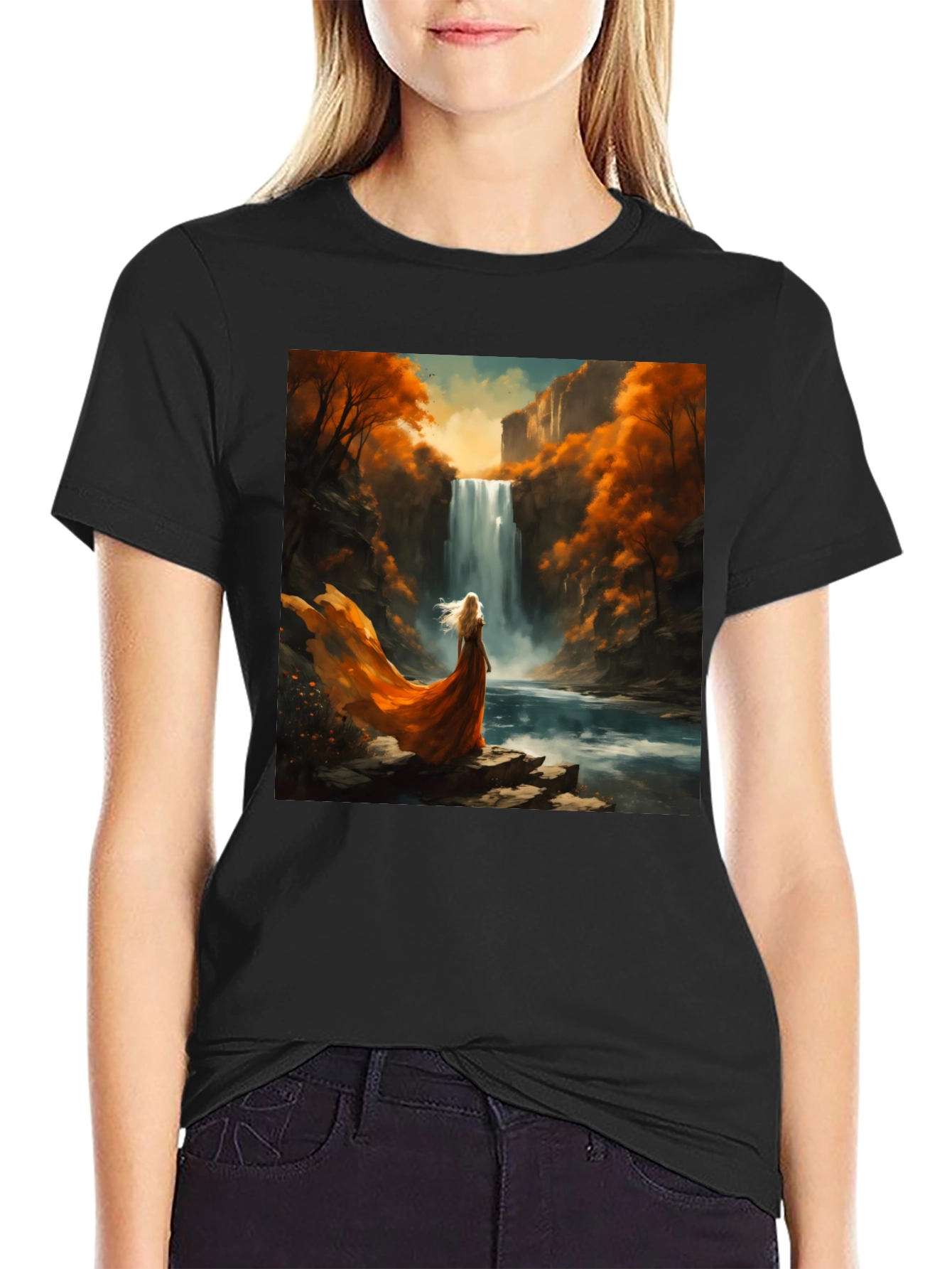 Waterfall Art Print Black T-Shirt