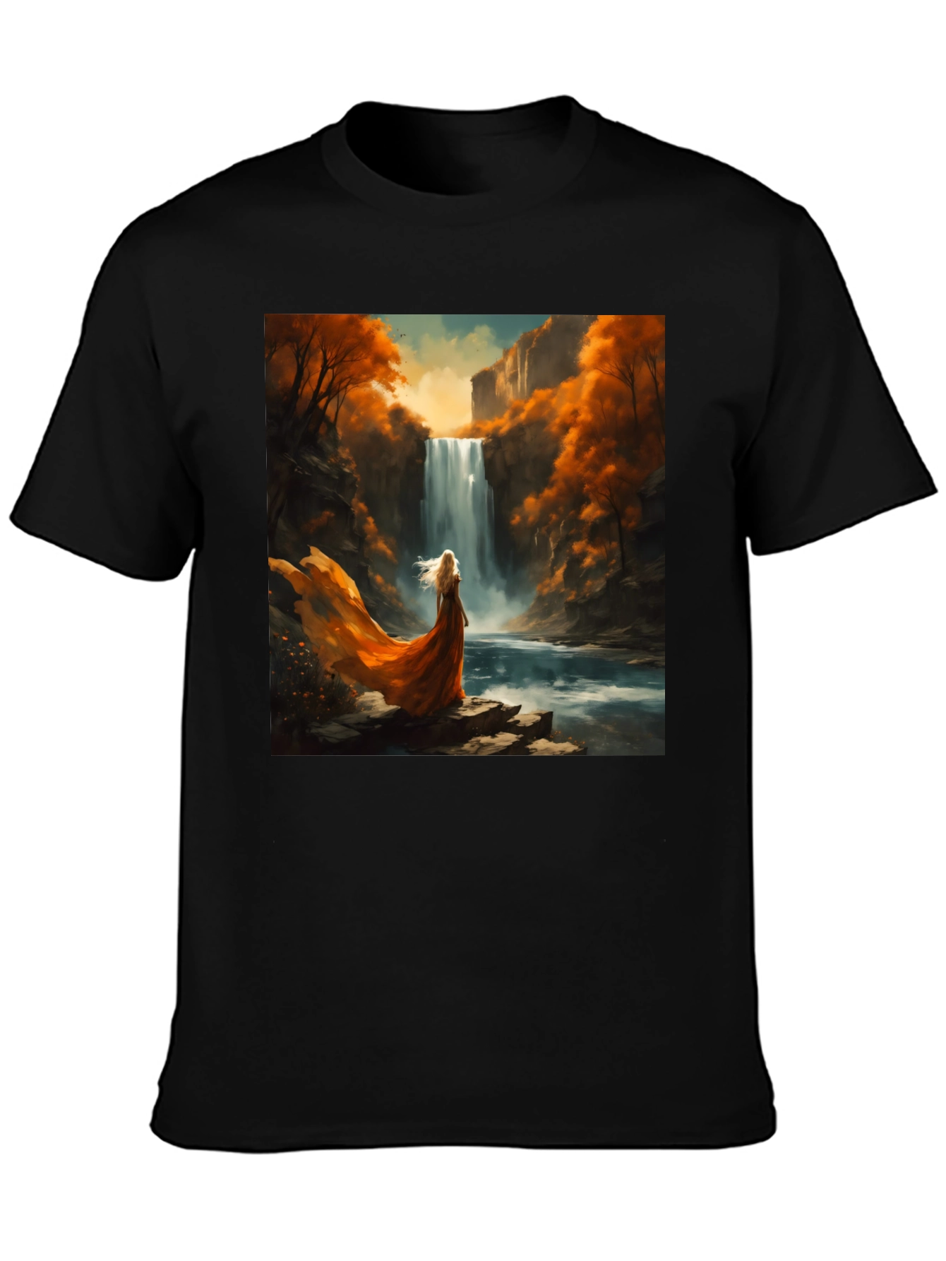 Waterfall Art Print Black T-Shirt