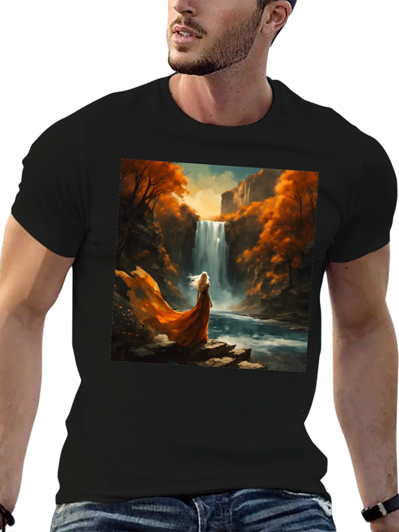 Waterfall Art Print Black T-Shirt
