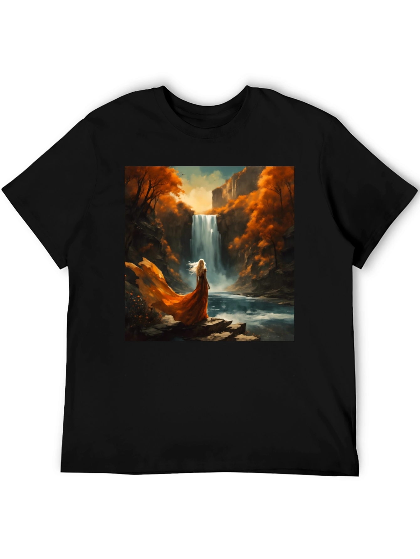 Waterfall Art Print Black T-Shirt