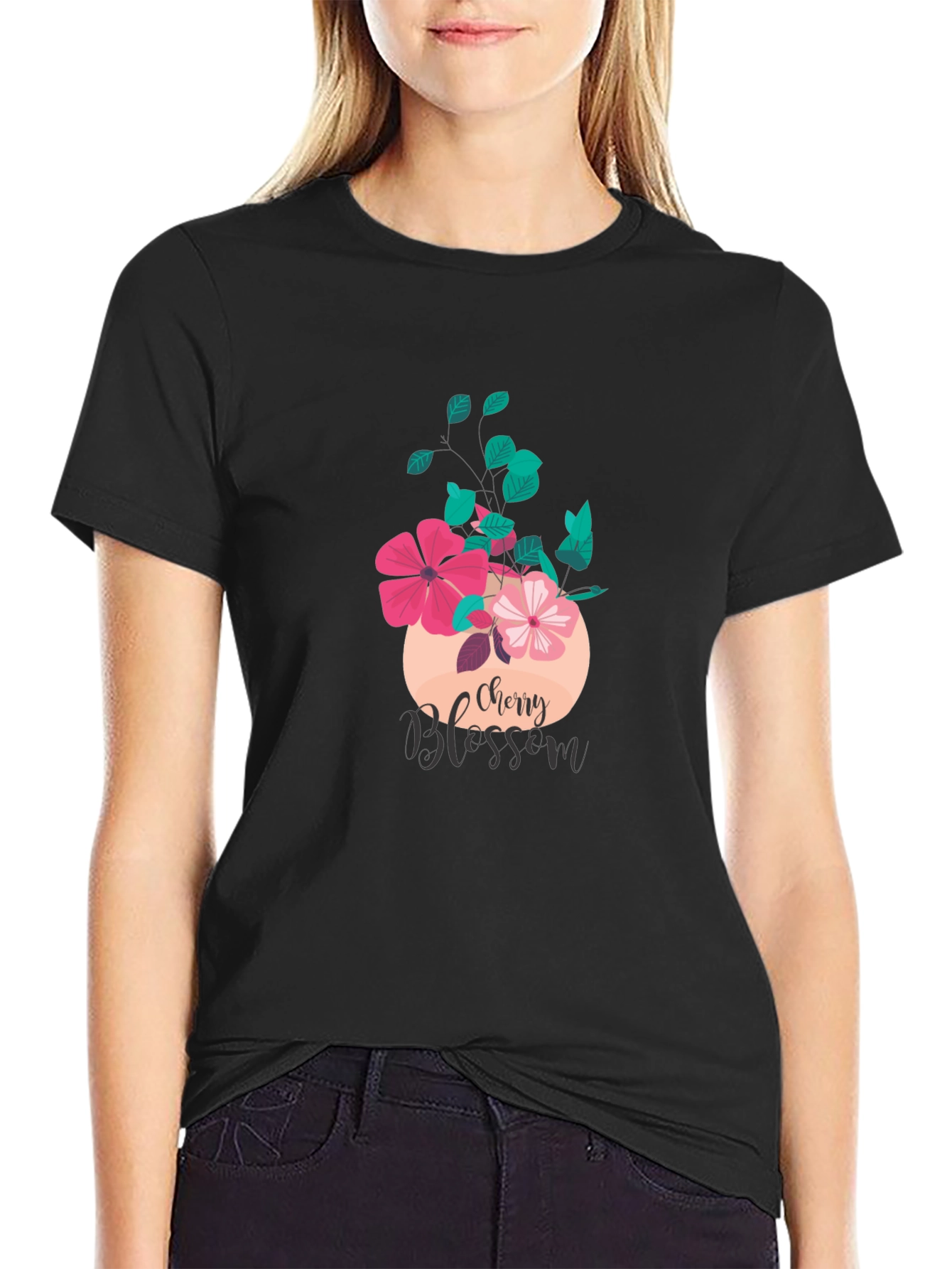 Cherry Blossom Graphic Tee - Stylish Black T-Shirt