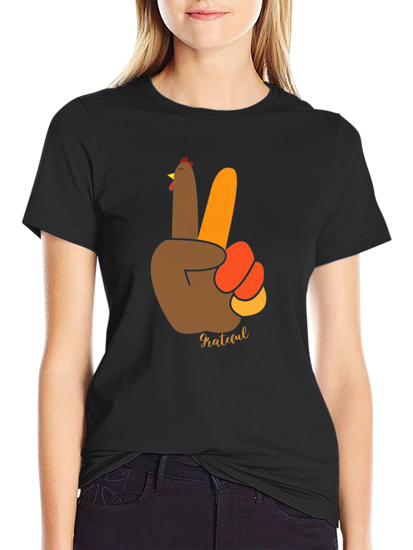 Grateful Thanksgiving Turkey Peace Sign Black T-Shirt