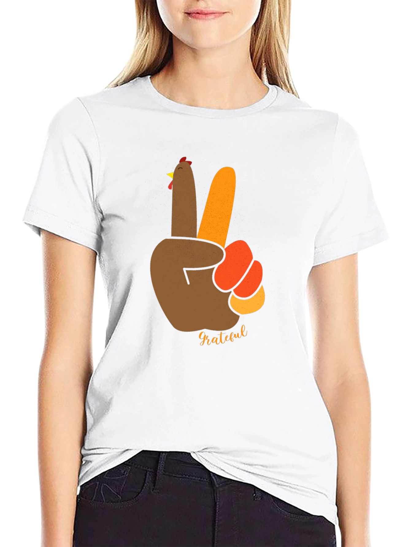 Grateful Thanksgiving Turkey Peace Sign Black T-Shirt