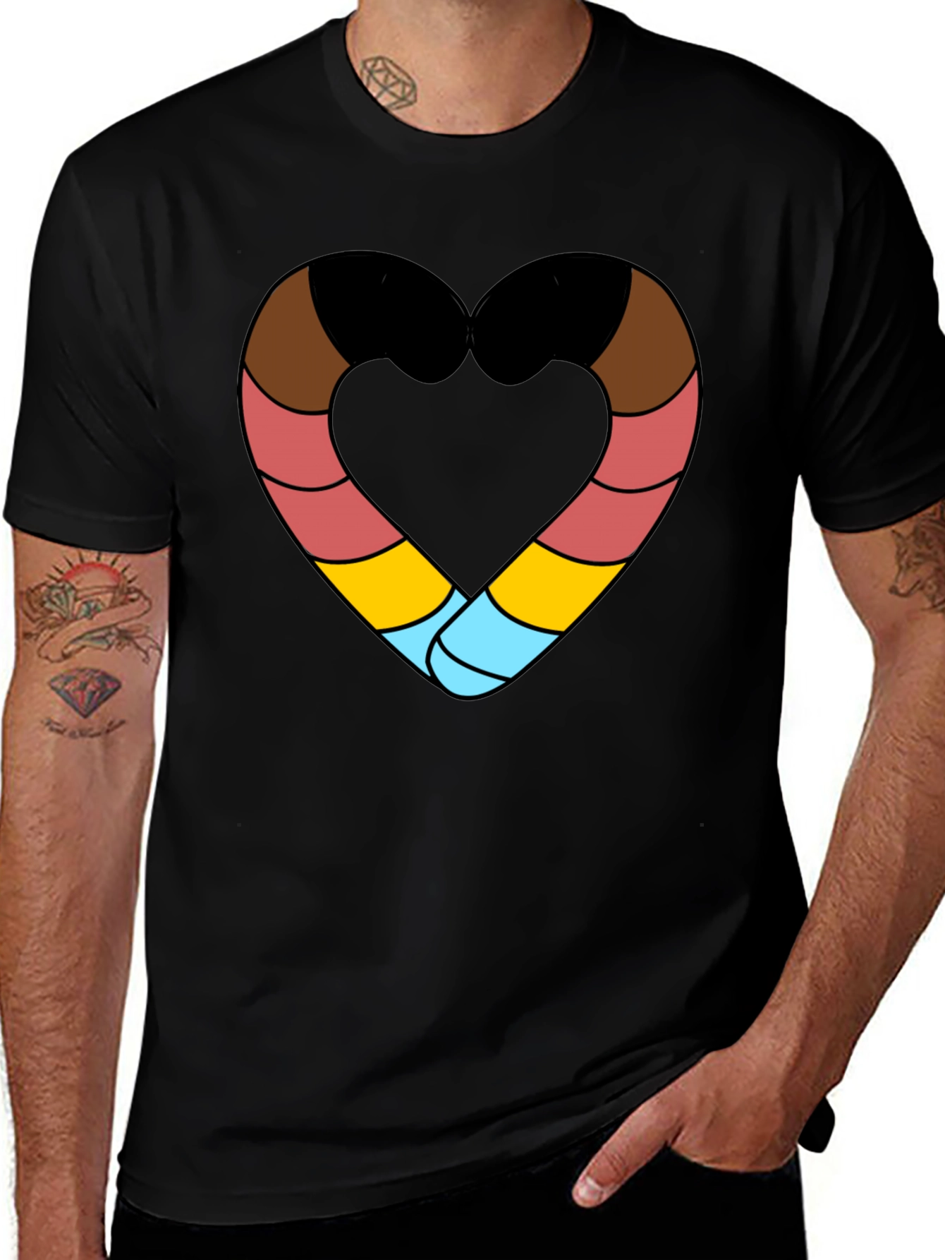 Striped Heart Graphic Black T-Shirt
