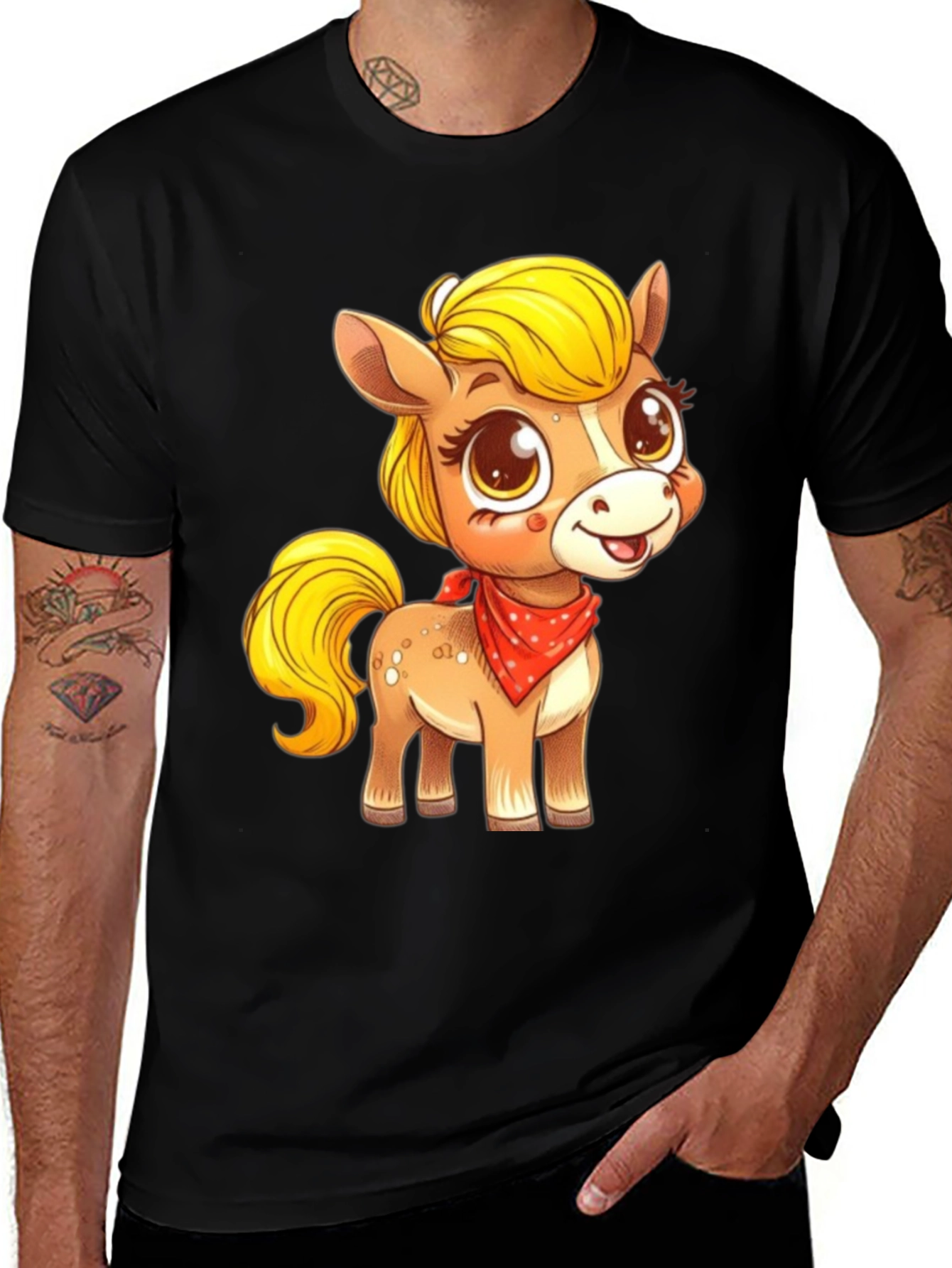 Cute Pony Cartoon Graphic Black T-Shirt