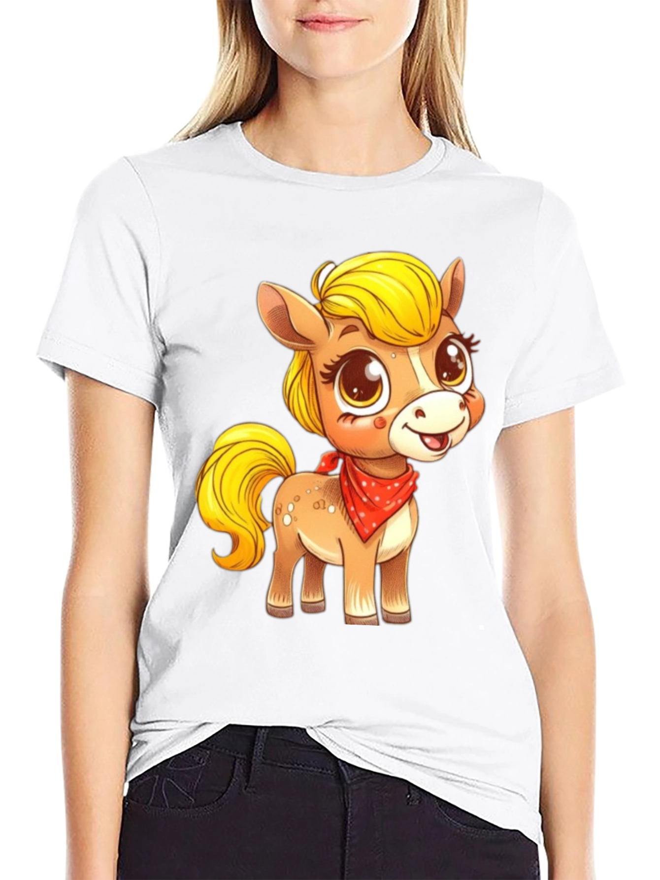 Cute Pony Cartoon Graphic Black T-Shirt
