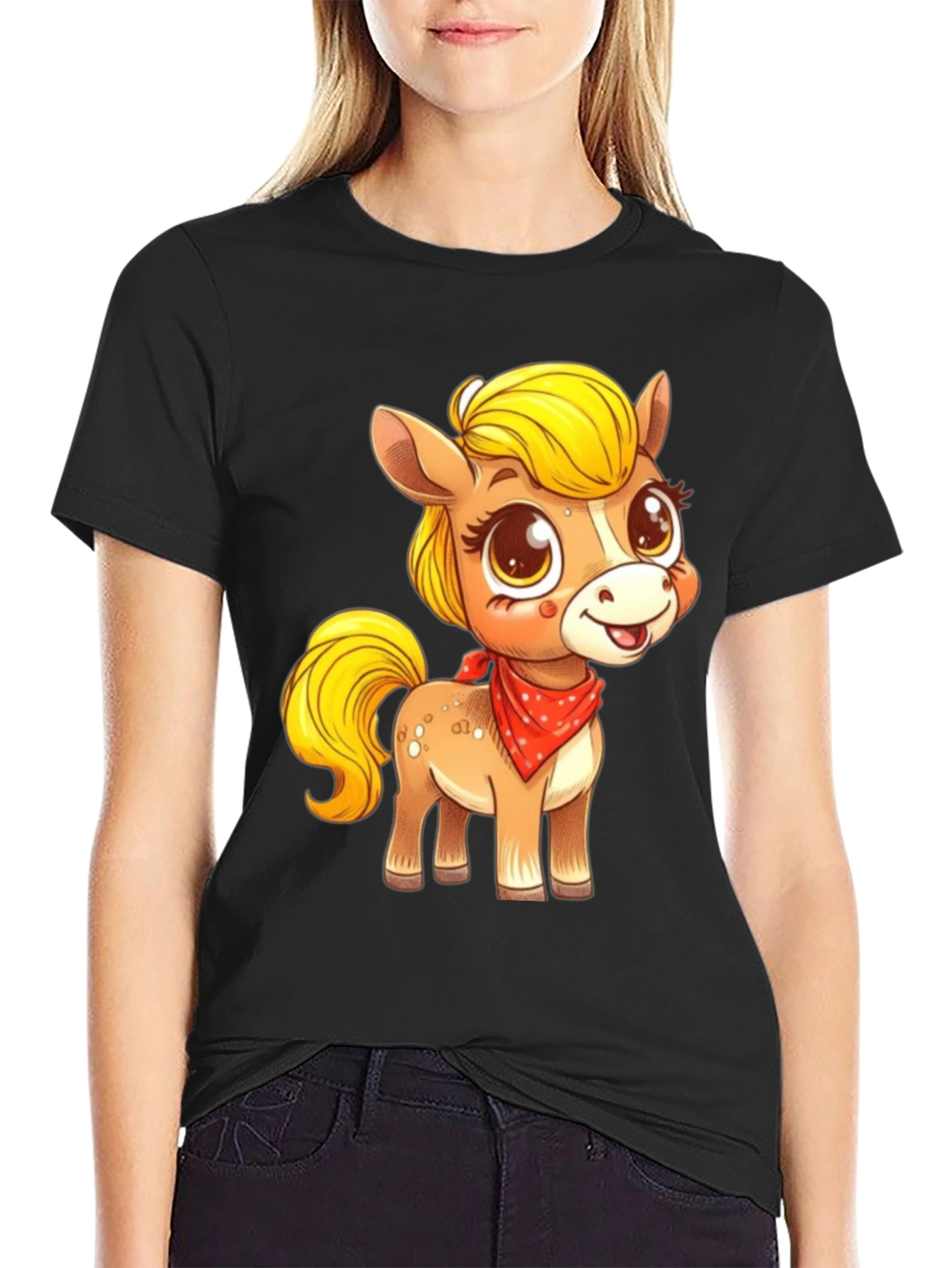 Cute Pony Cartoon Graphic Black T-Shirt