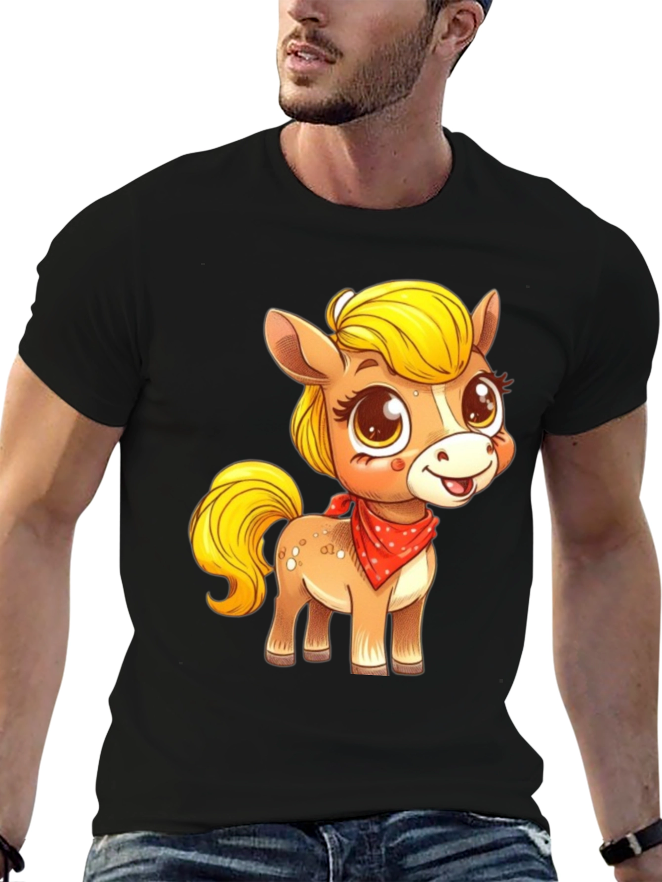 Cute Pony Cartoon Graphic Black T-Shirt