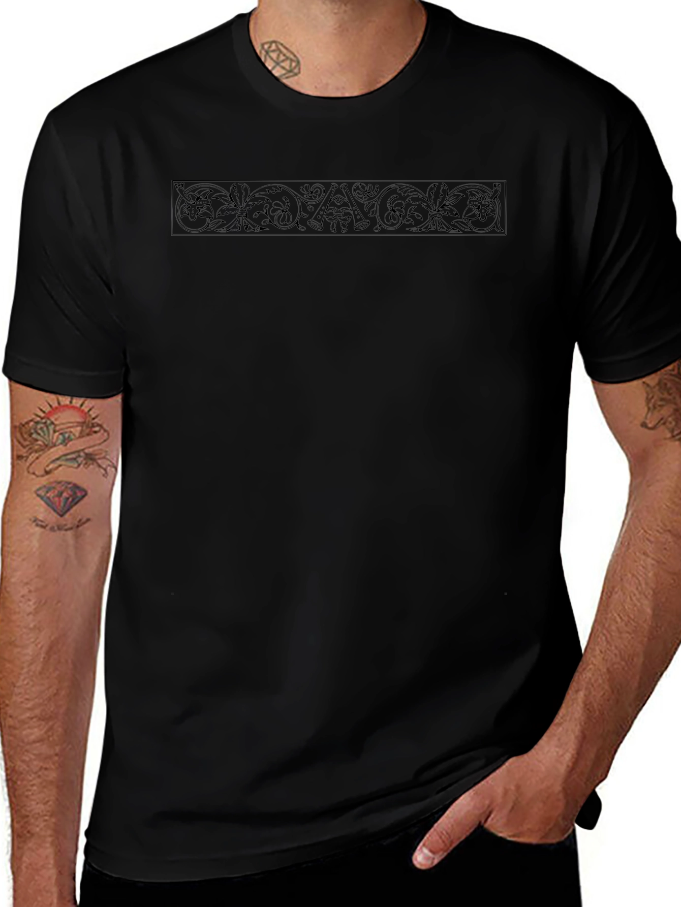 Elegant Black Crew Neck Tee with Ornamental Design
