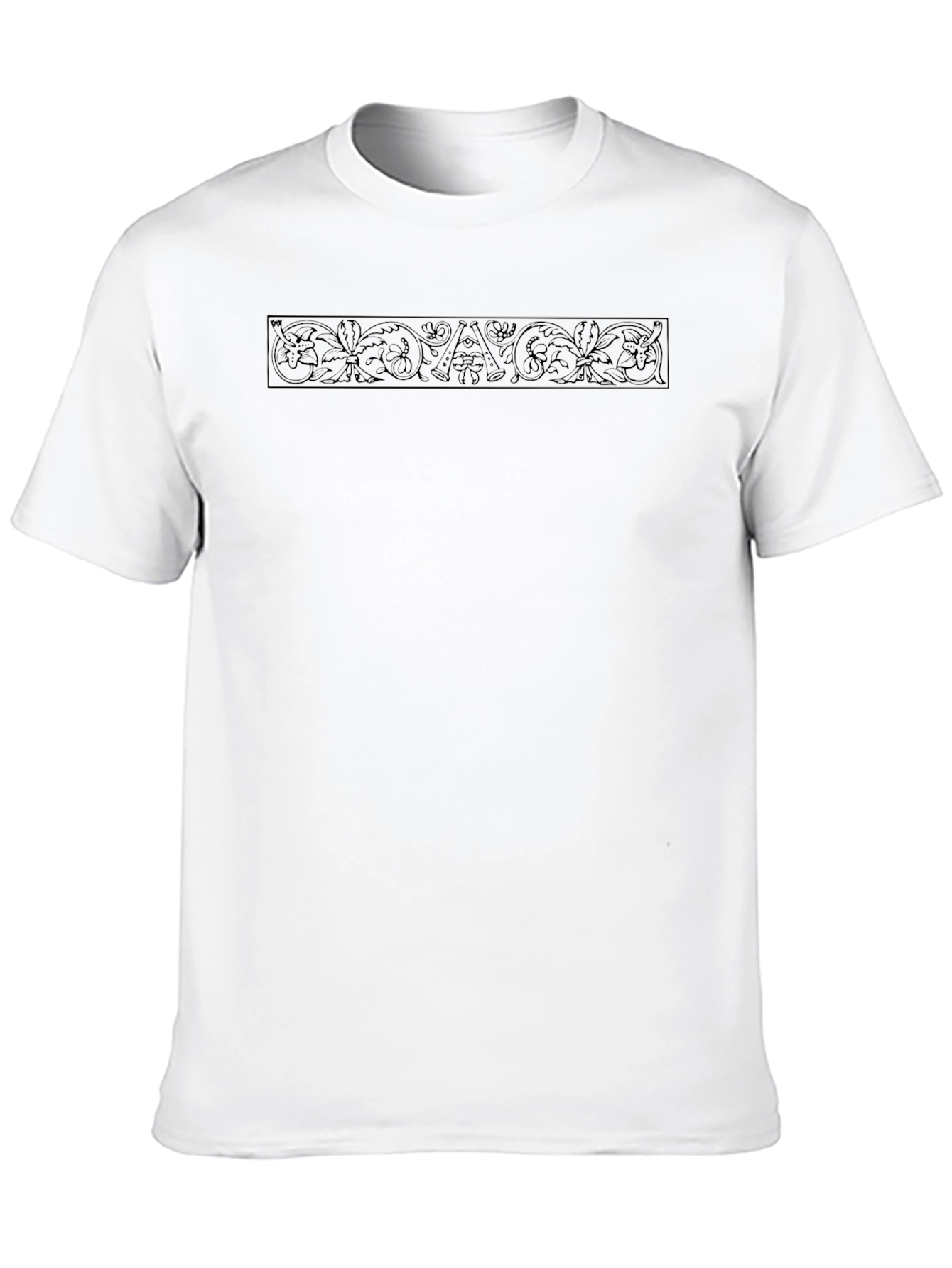 Elegant Black Crew Neck Tee with Ornamental Design