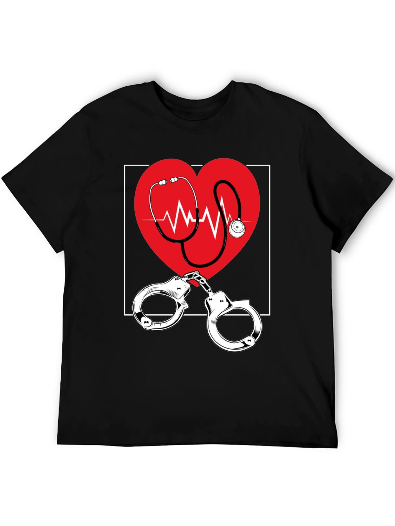 Medical Love T-Shirt - Heartbeat Stethoscope & Handcuffs Design