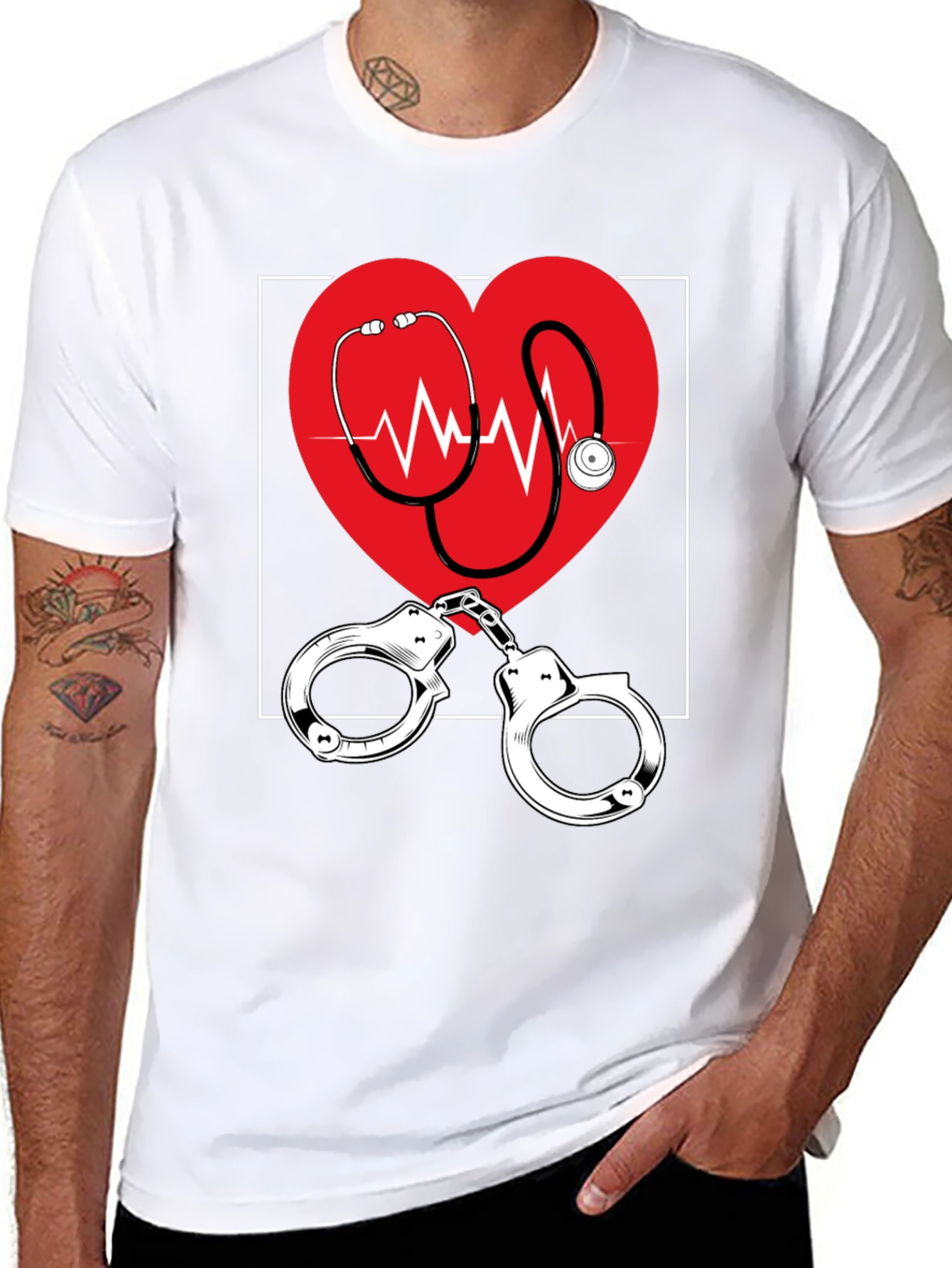Medical Love T-Shirt - Heartbeat Stethoscope & Handcuffs Design