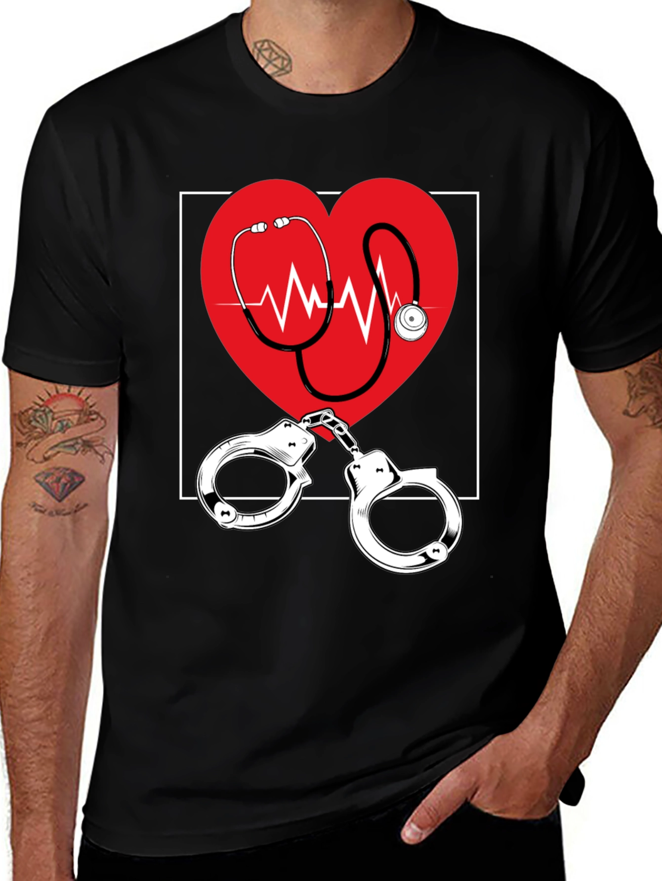 Medical Love T-Shirt - Heartbeat Stethoscope & Handcuffs Design