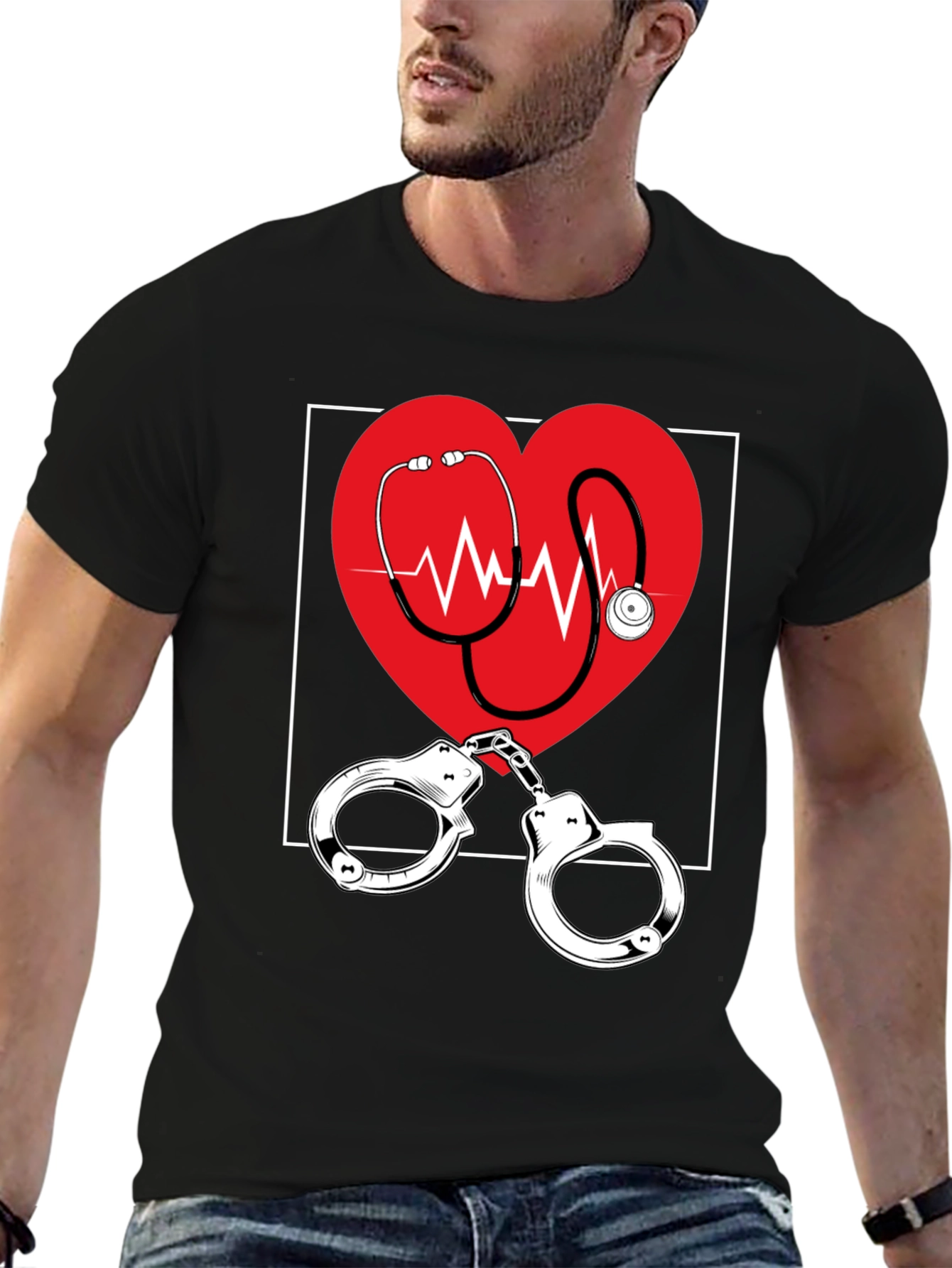 Medical Love T-Shirt - Heartbeat Stethoscope & Handcuffs Design