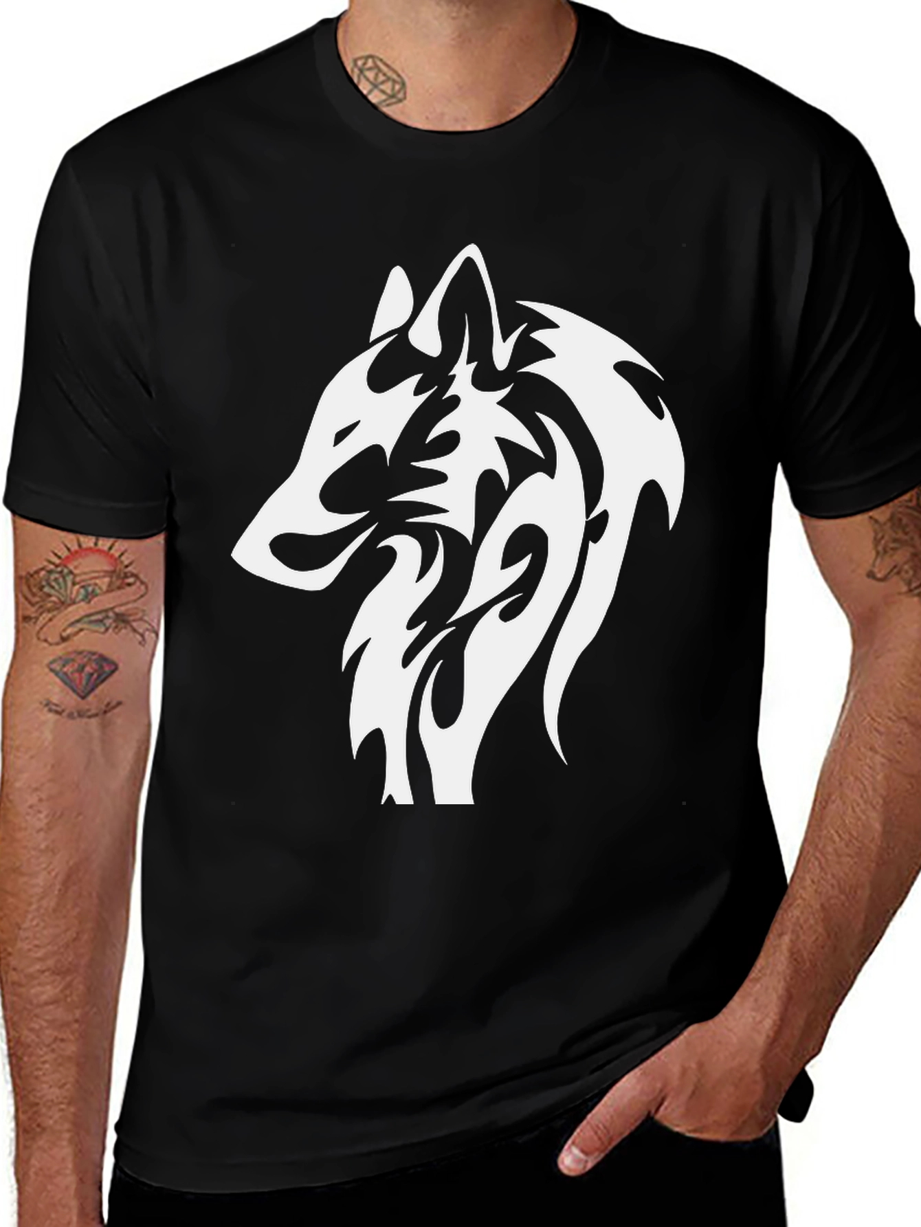 Black T-Shirt with White Wolf Graphic