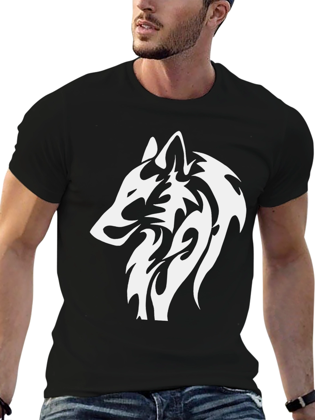 Black T-Shirt with White Wolf Graphic