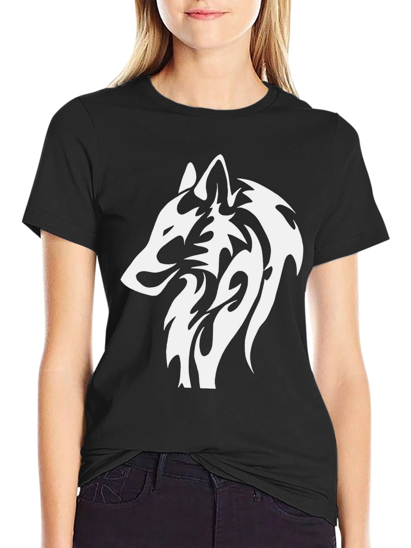 Black T-Shirt with White Wolf Graphic