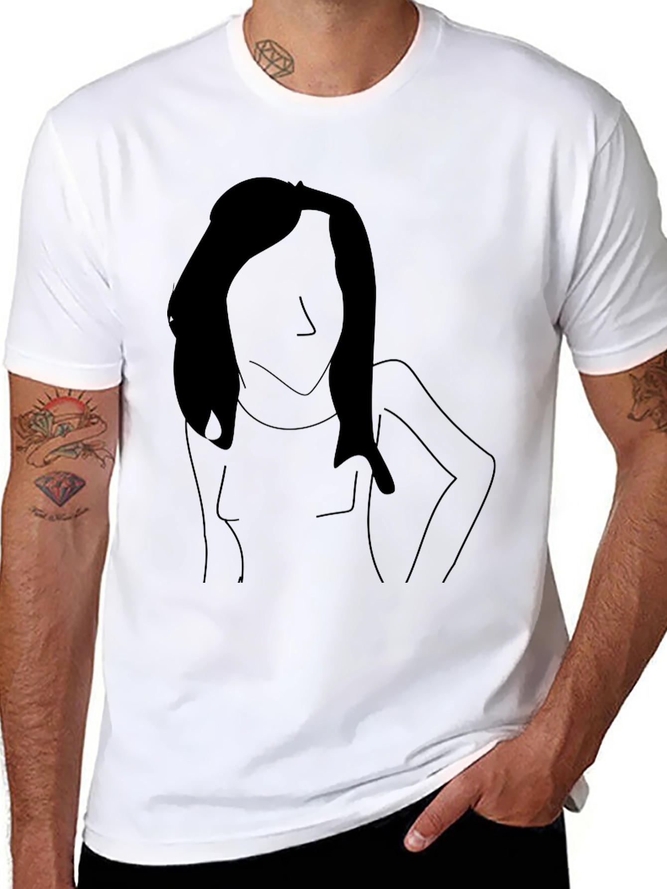 Minimalist Woman Line Art Black T-Shirt