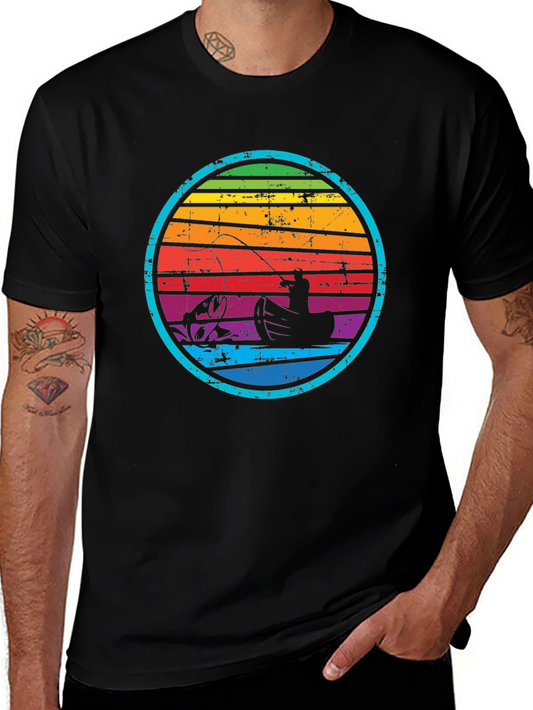 Retro Fishing T-Shirt - Rainbow Sunset Design