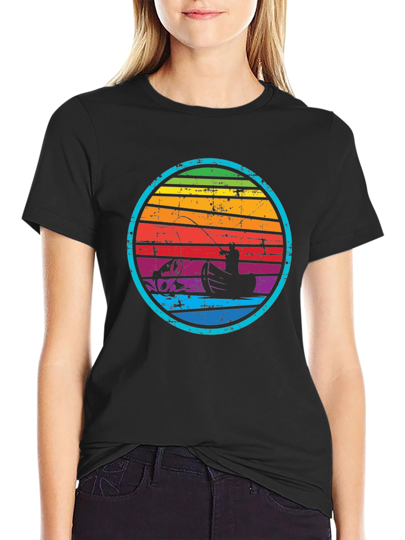 Retro Fishing T-Shirt - Rainbow Sunset Design