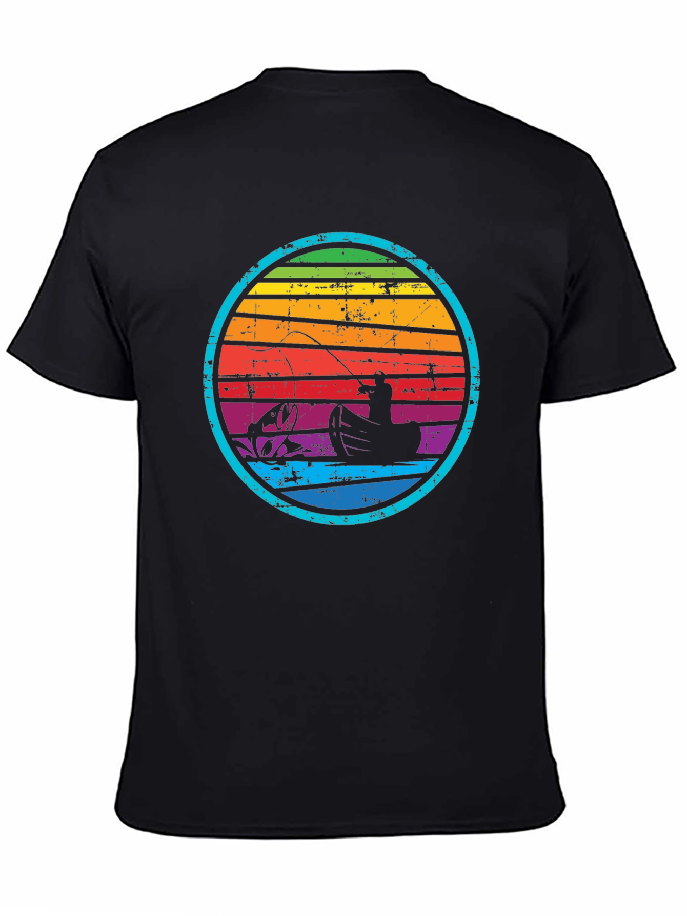 Retro Fishing T-Shirt - Rainbow Sunset Design