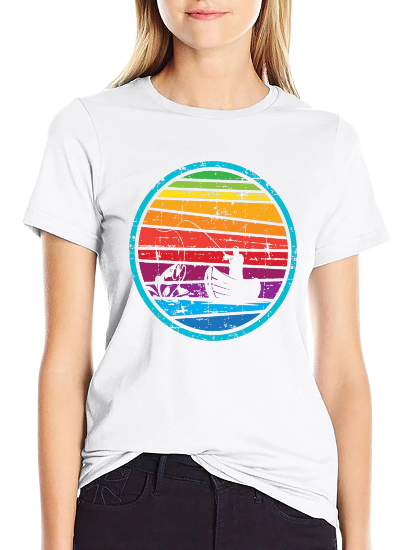 Retro Fishing T-Shirt - Rainbow Sunset Design