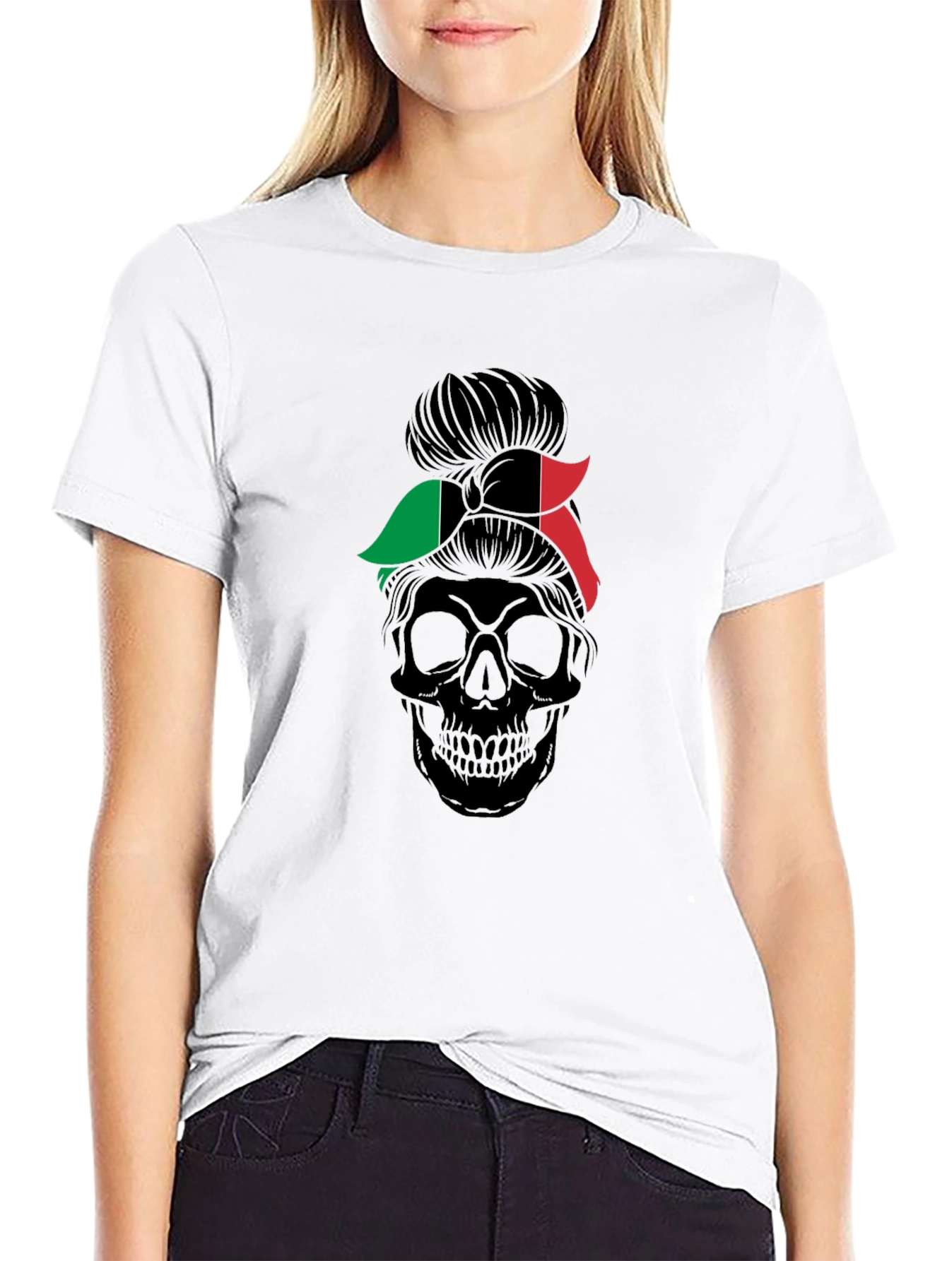 Italian Flag Messy Bun Skull T-Shirt